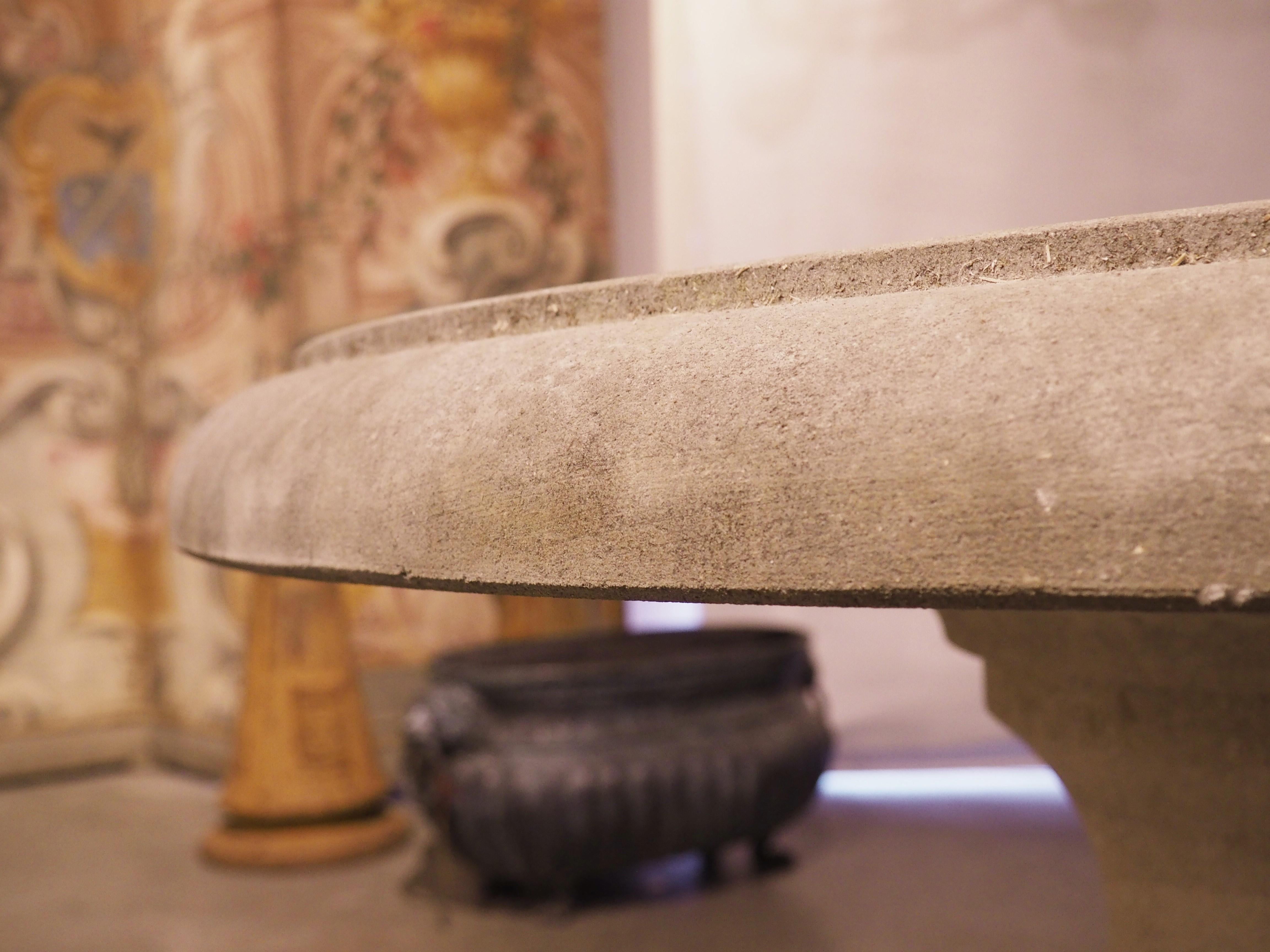 Contemporary Circular Carved Limestone Table with Baluster Form Base from Italy