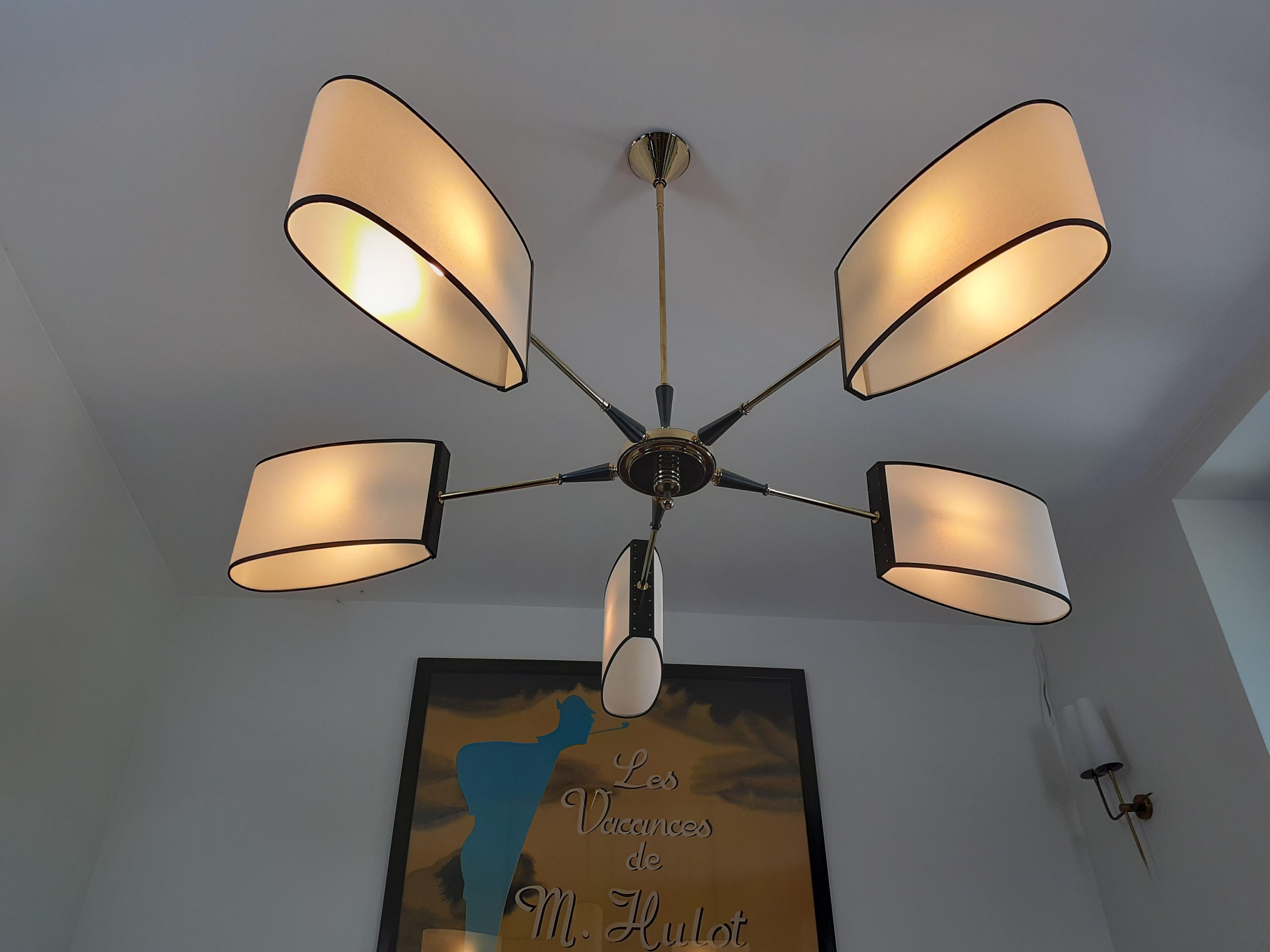 Mid-Century Modern Circular Chandelier 1950 with 5 Arms of Light Maison Lunel