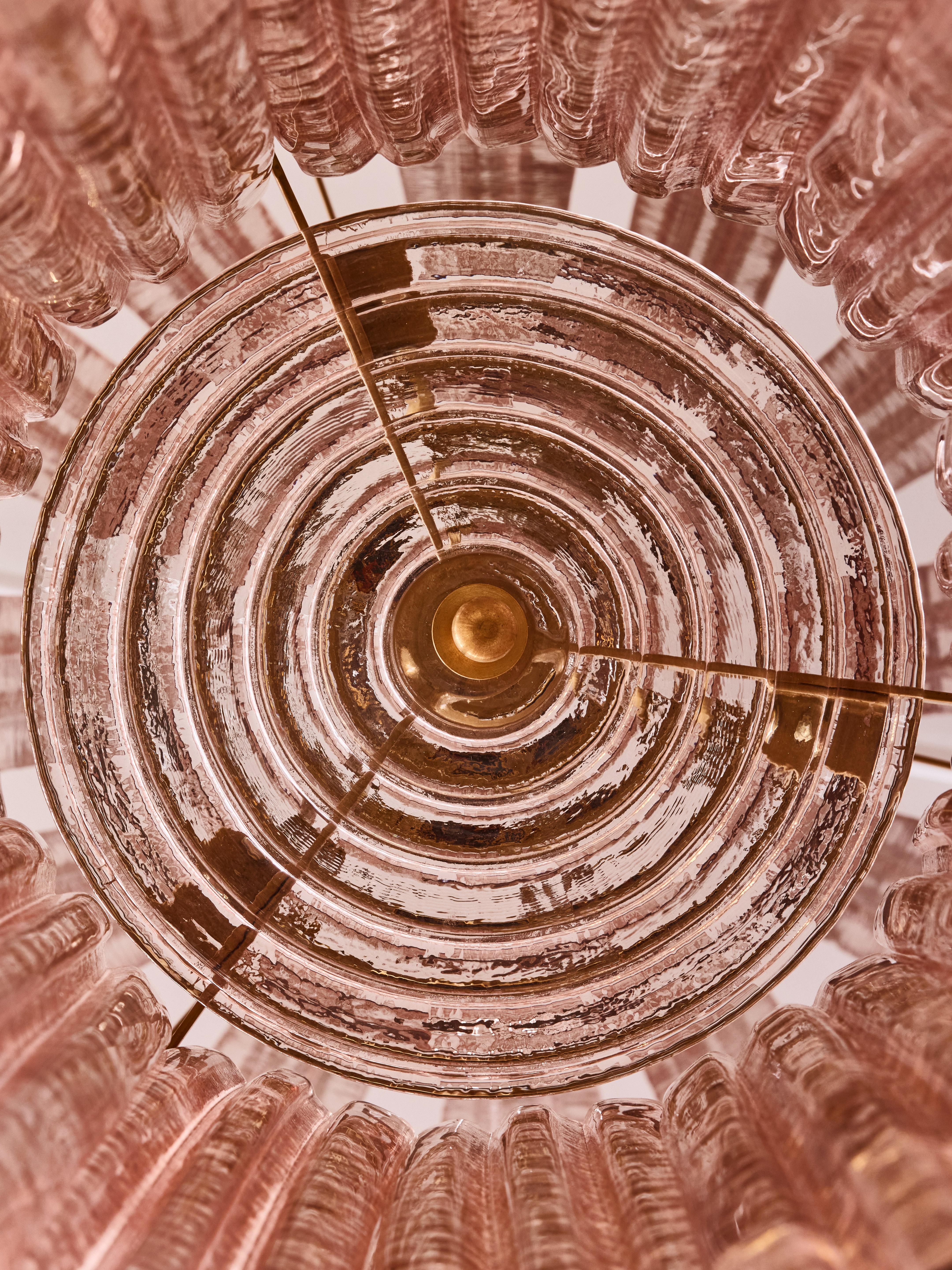 Brass Circular Chandelier in Pink Murano glass by Studio Glustin For Sale