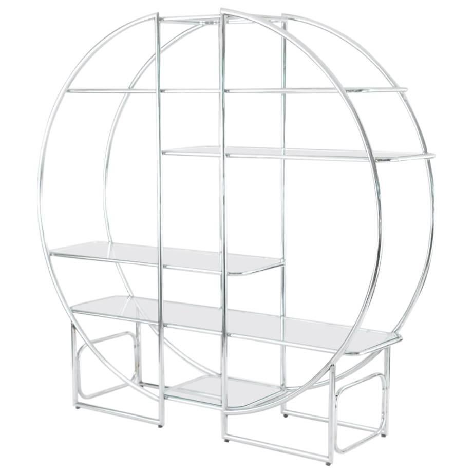 Circular Chrome Etagere with Glass Display Shelves