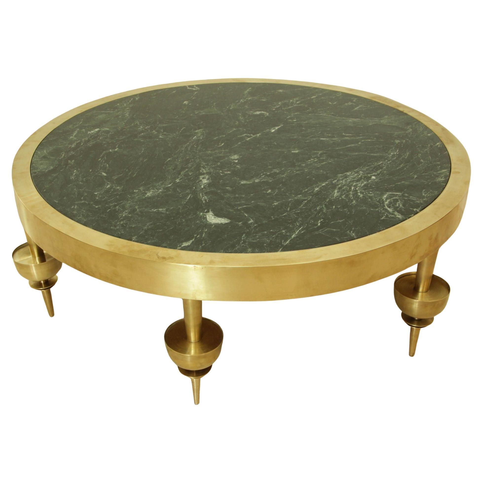 Table basse de style Art déco moderniste en laiton avec plateau en marbre vert