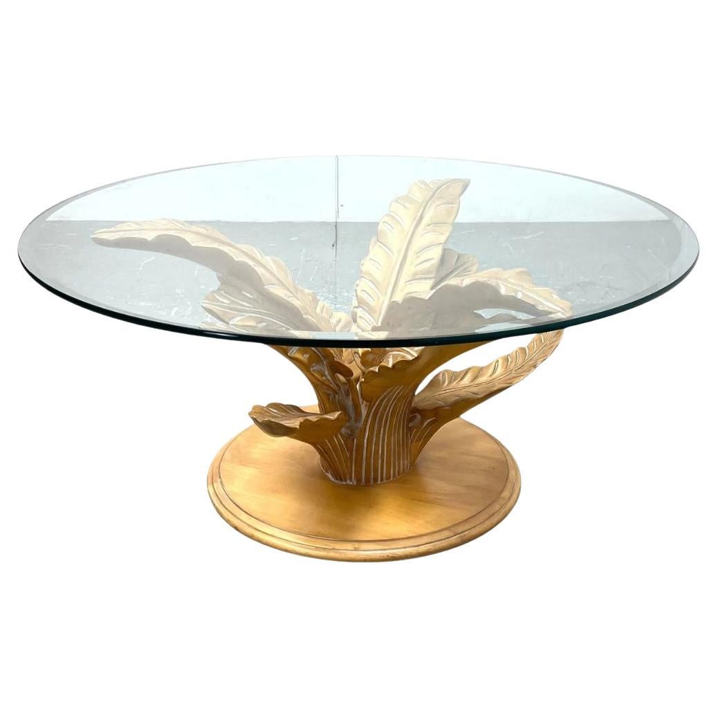 Runder Couchtisch mit geschnitztem Holz Palm Leaf Base