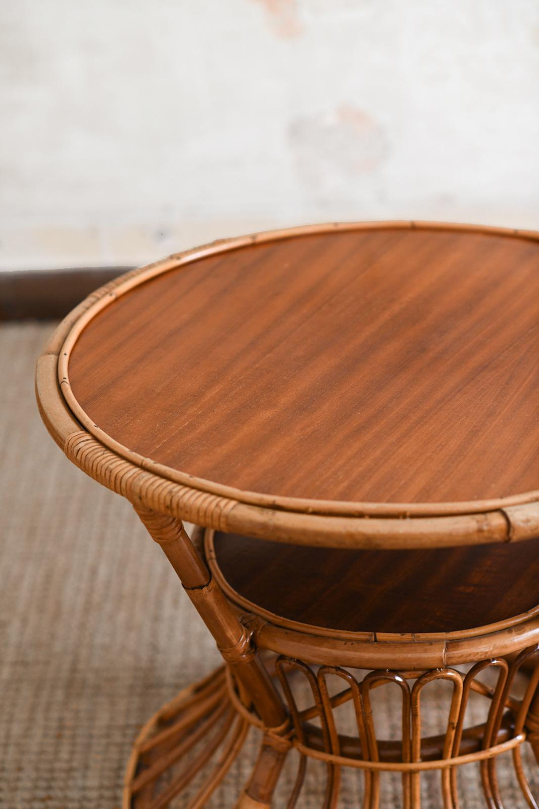 Mid-20th Century Circular coffee table with rattan motifs and wooden shelves, 1960s