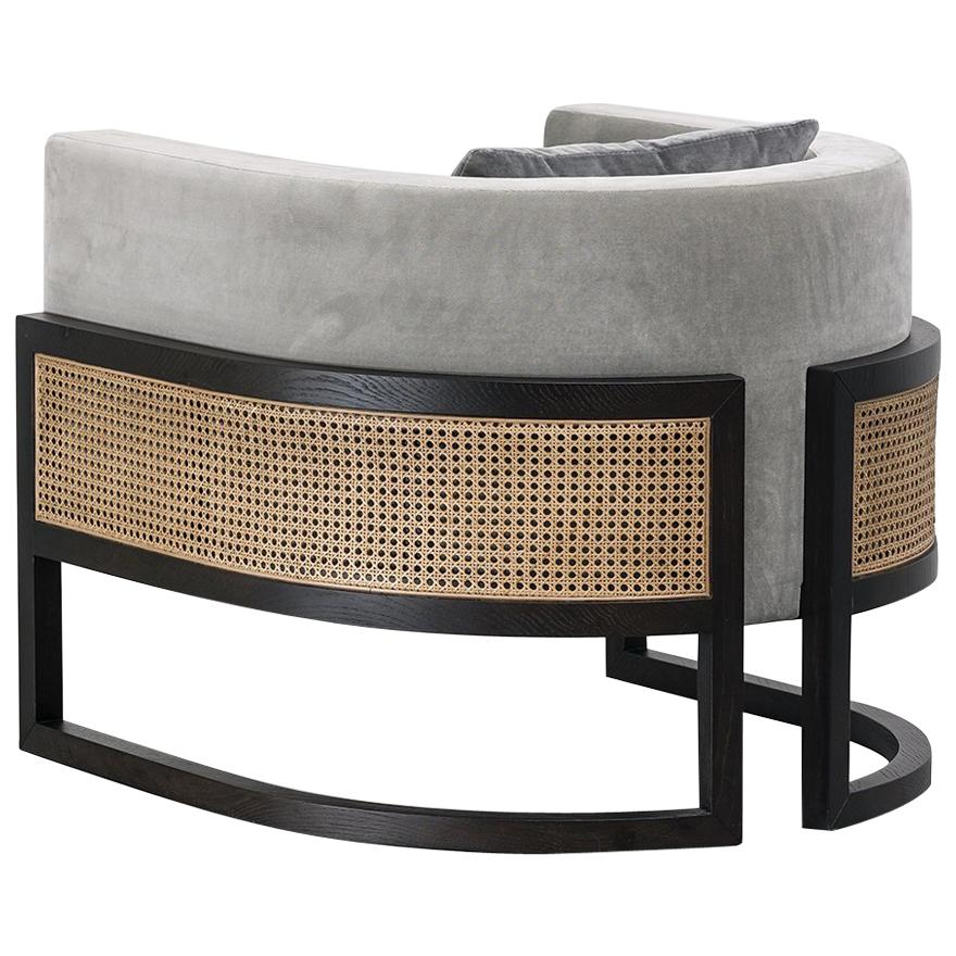 Circular Contemporary Armchair in Black Oakwood and Natural Cane