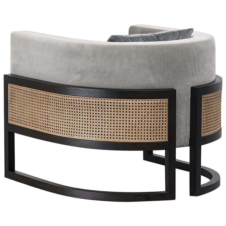 Circular Contemporary Armchair in Black Oakwood and Natural Cane For ...