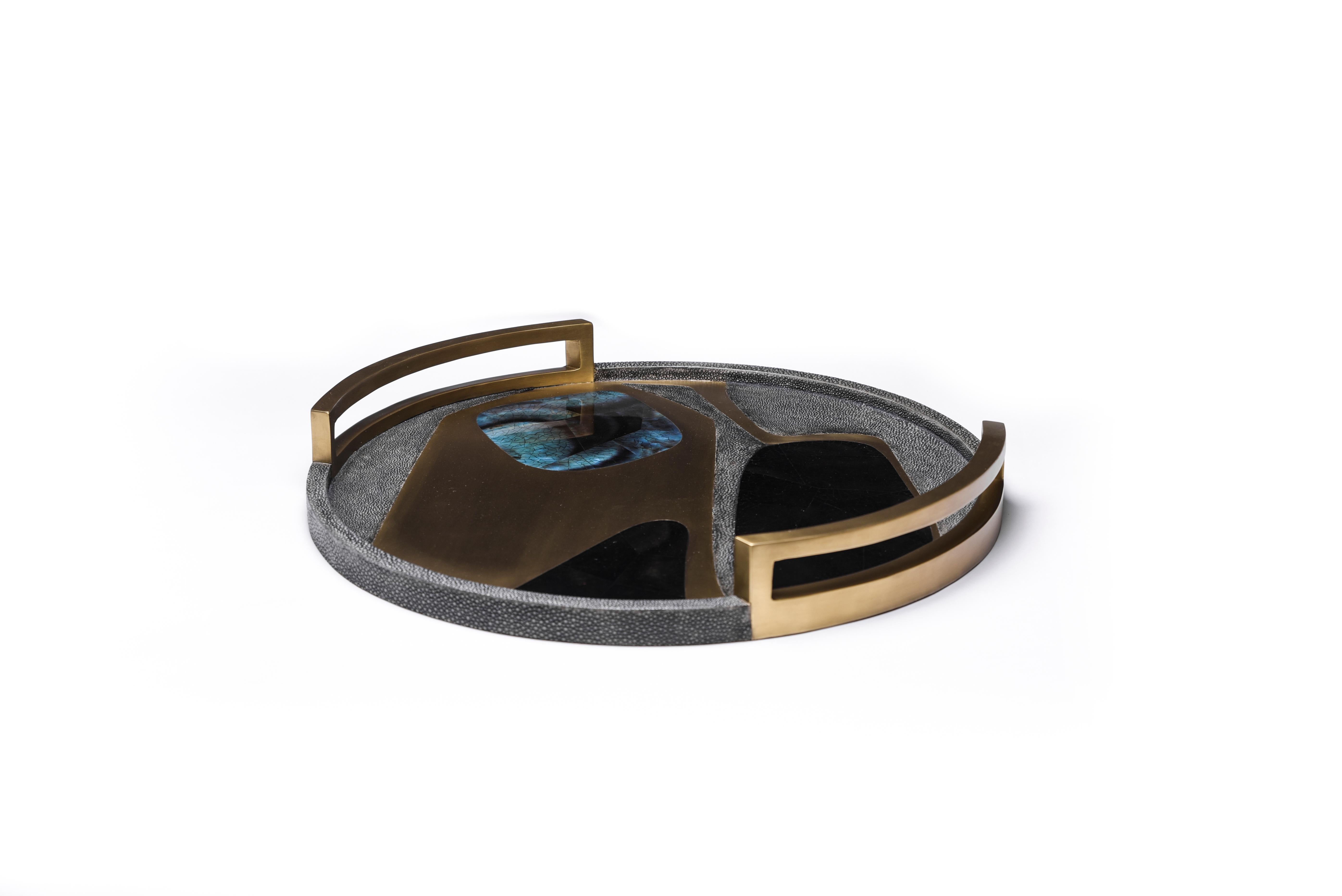 Art Deco Circular Cosmos Tray in Shagreen, Blue Pen Shell & Brass by R&Y Augousti For Sale