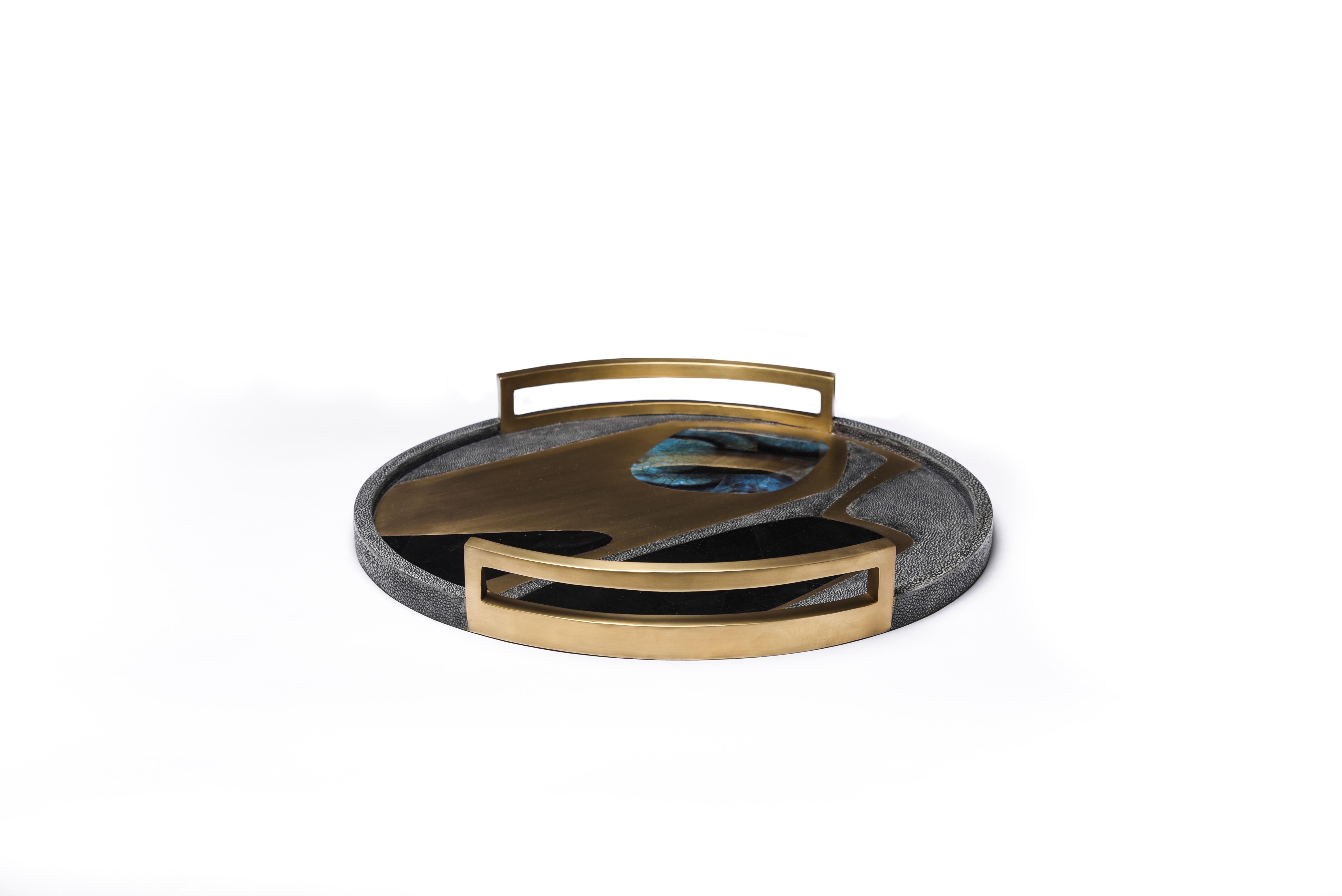 French Circular Cosmos Tray in Shagreen, Blue Pen Shell & Brass by R&Y Augousti For Sale