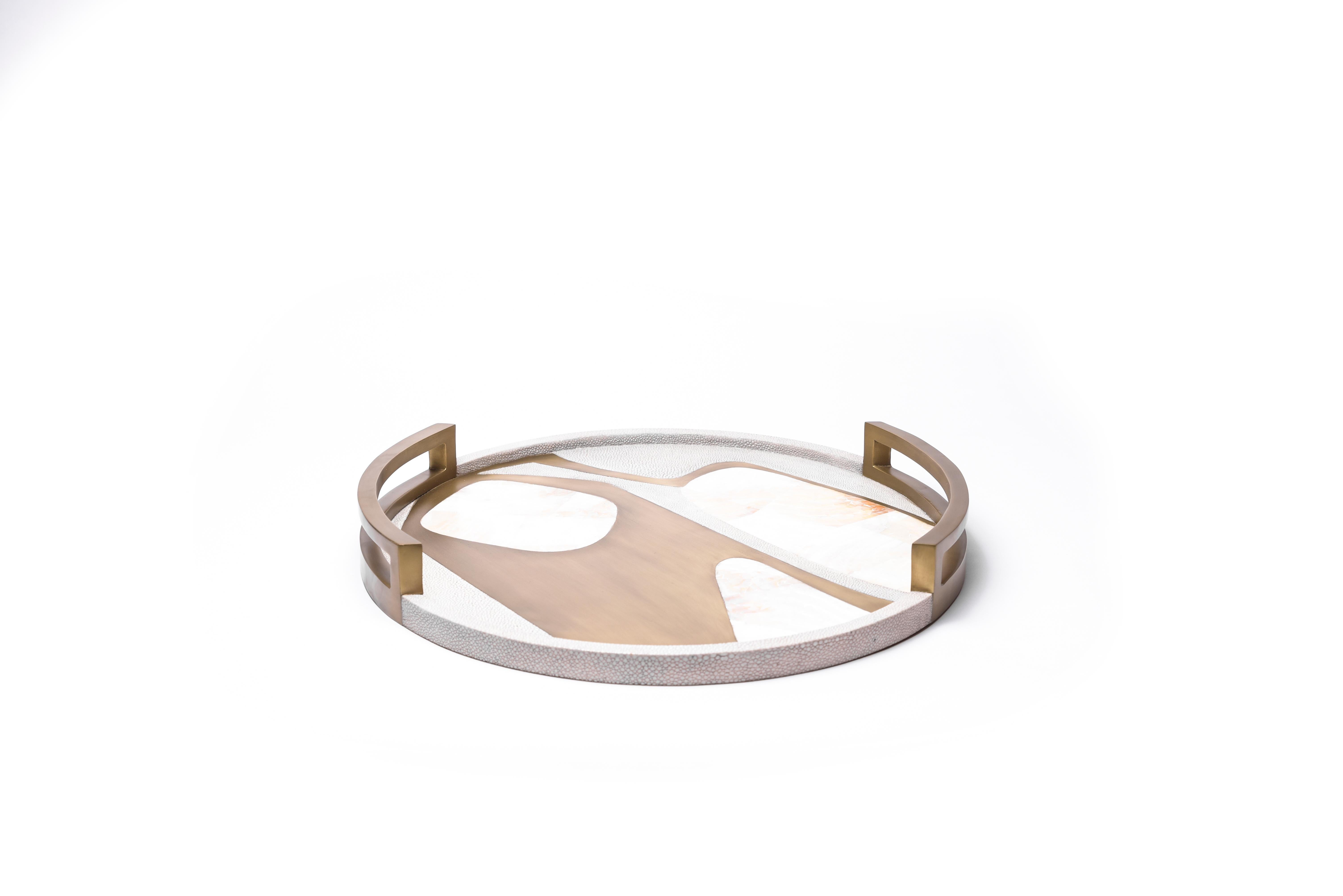 Hand-Crafted Circular Cosmos Tray in Shagreen, Blue Pen Shell & Brass by R&Y Augousti For Sale
