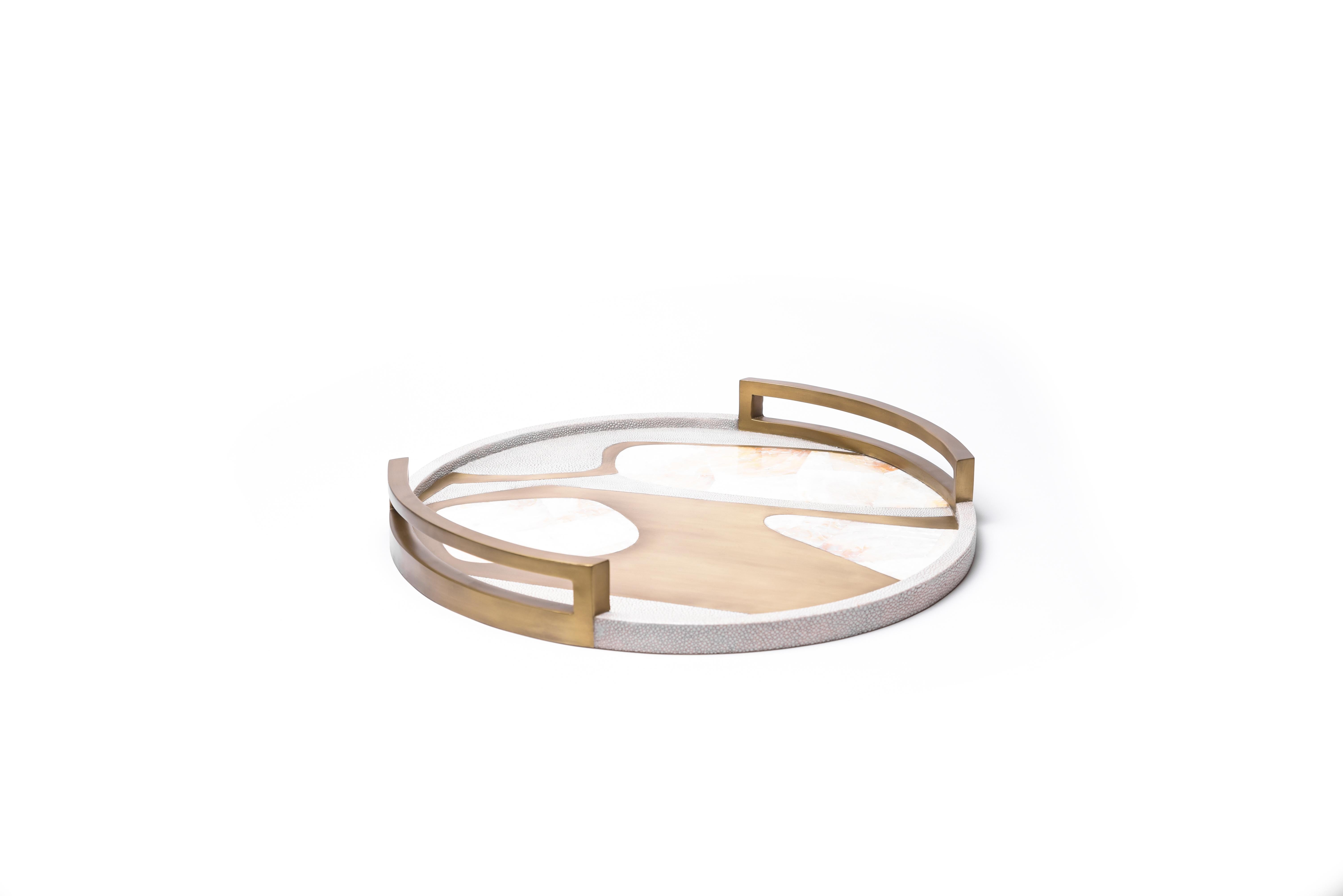 Hand-Crafted Circular Cosmos Tray in Black Shagreen, Blue Pen Shell and Brass by R&Y Augousti For Sale