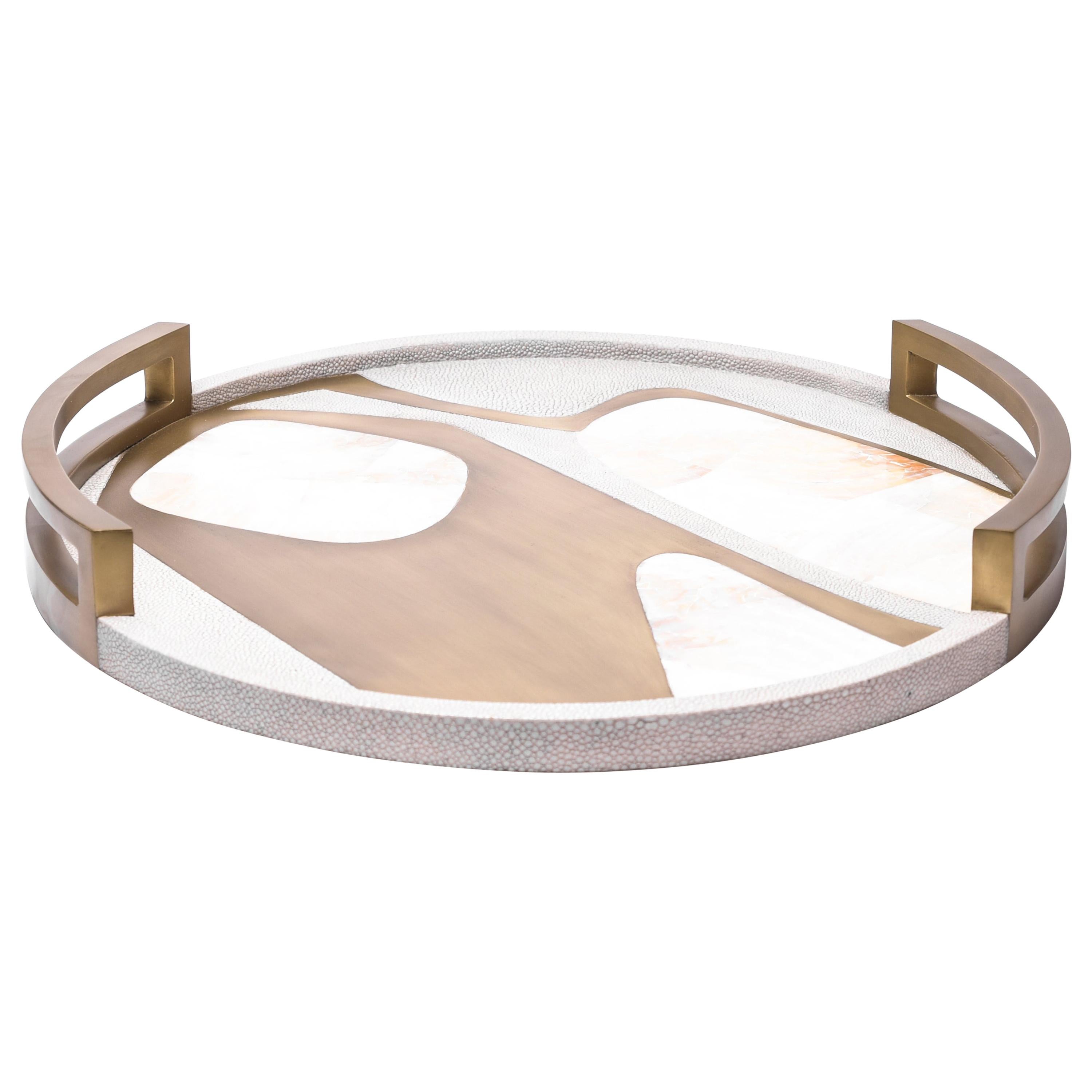 Circular Cosmos Tray in Cream Shagreen, White Shell and Brass by R&Y Augousti