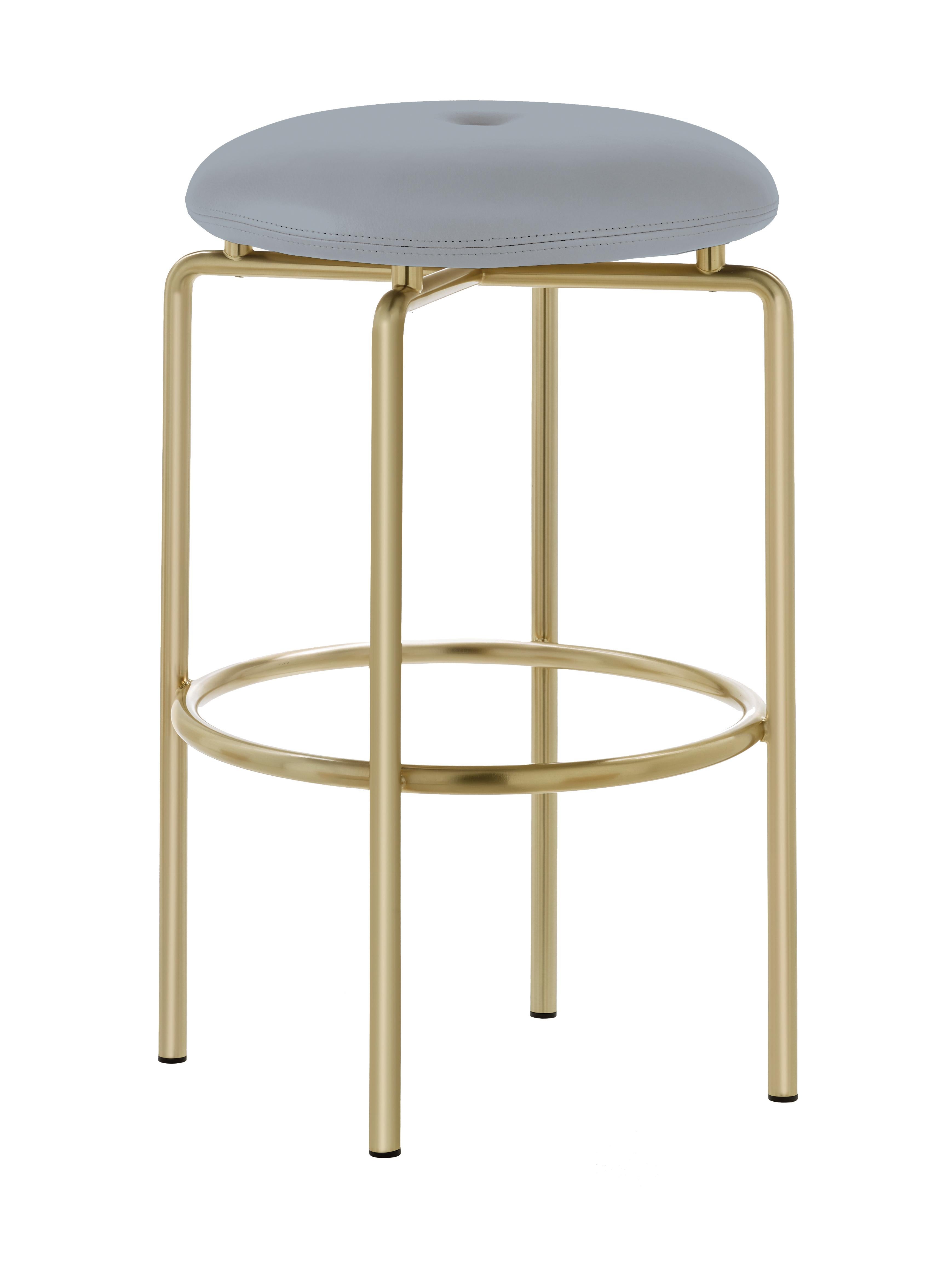For Sale: Gray (Elegant 11038 Platinum Gray) Circular Counter Stool in Satin Brass and Leather Designed by Craig Bassam