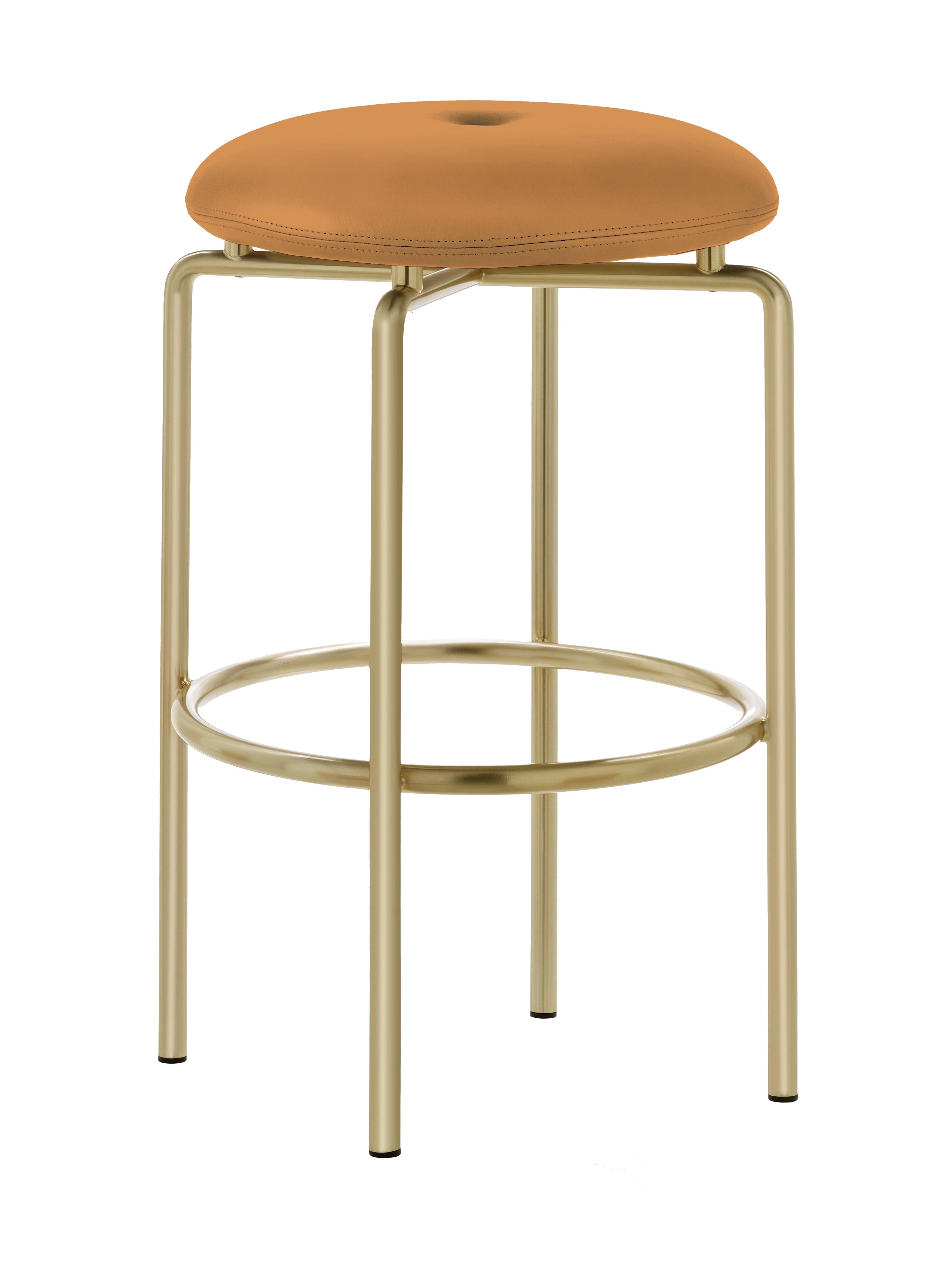 For Sale: Brown (Elegant 43024 Camel) Circular Counter Stool in Satin Brass and Leather Designed by Craig Bassam