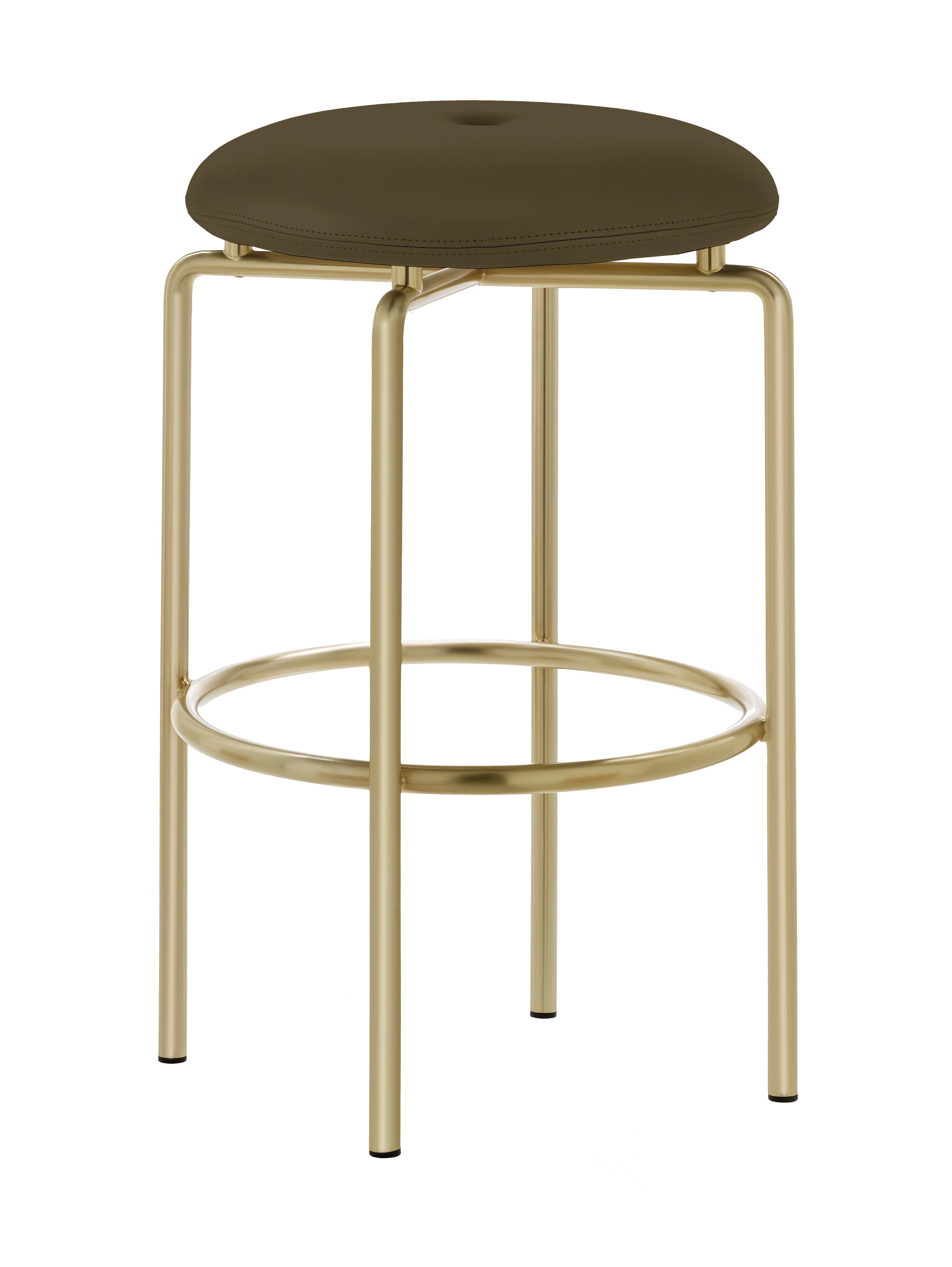 For Sale: Brown (Elegant 48027 Olive) Circular Counter Stool in Satin Brass and Leather Designed by Craig Bassam