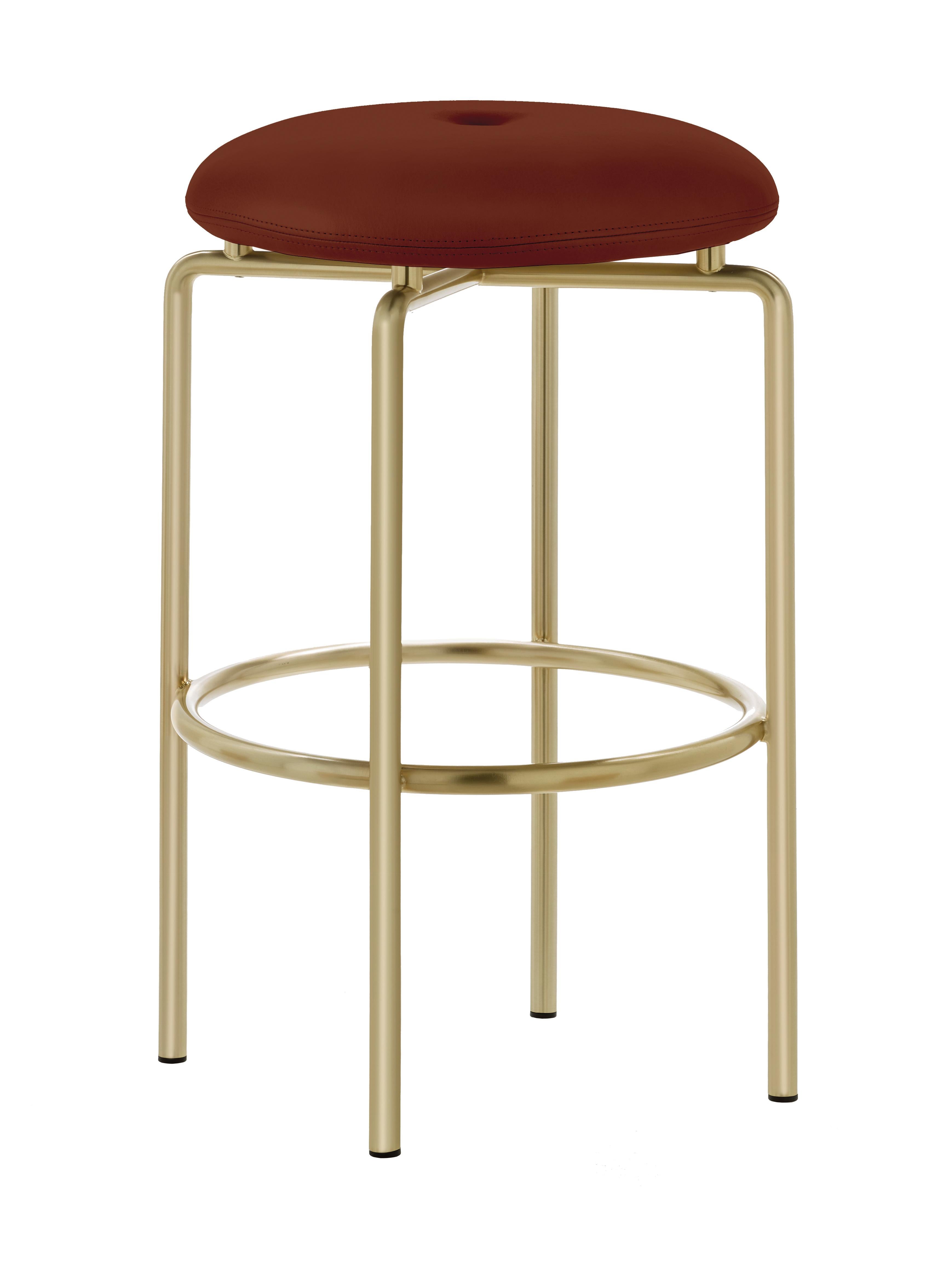 For Sale: Brown (Elegant 93718 Dark Cognac) Circular Counter Stool in Satin Brass and Leather Designed by Craig Bassam