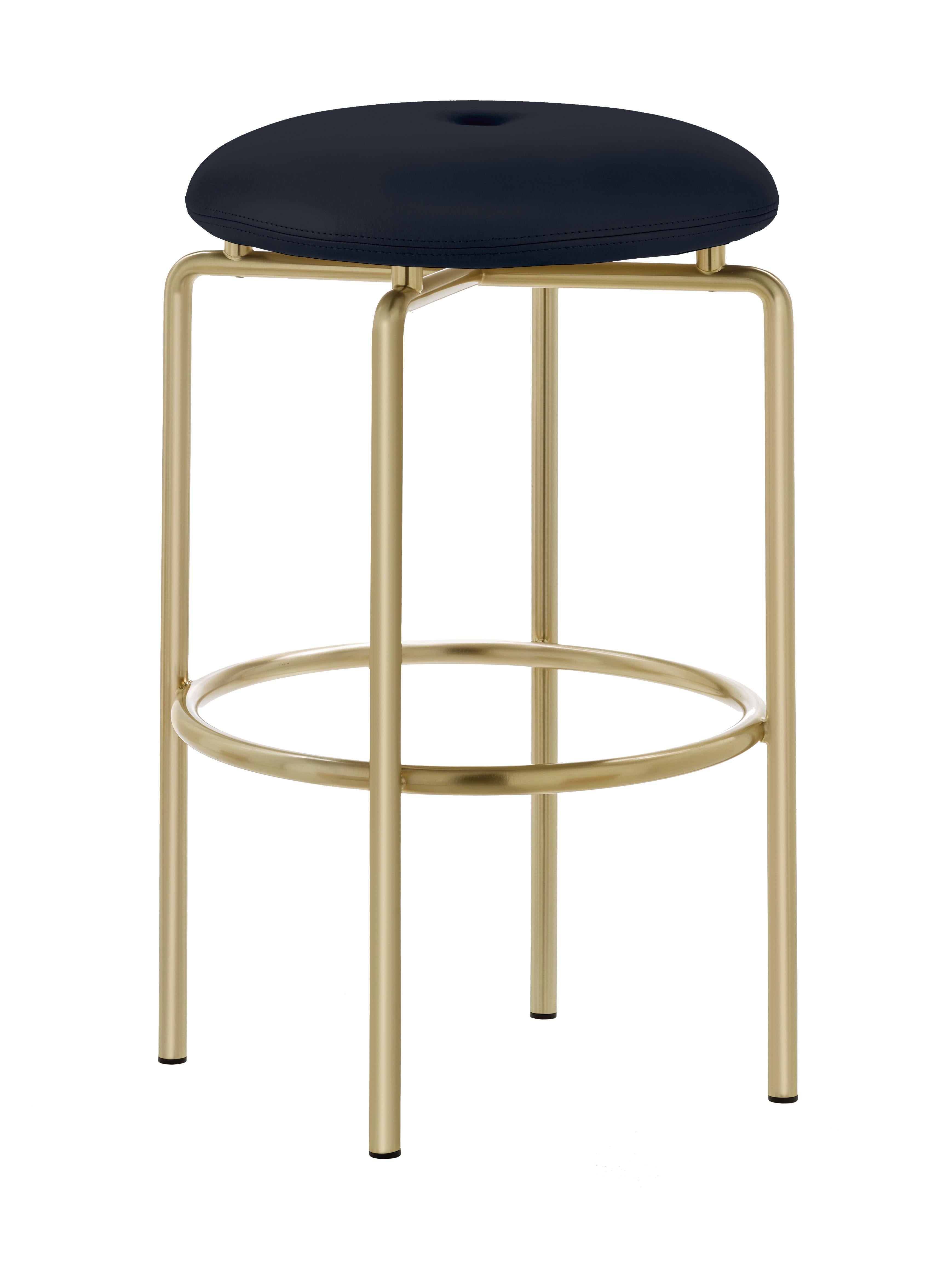 For Sale: Blue (Elegant 97026 Dark Navy) Circular Counter Stool in Satin Brass and Leather Designed by Craig Bassam