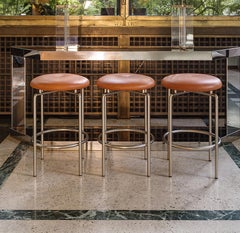 Circular Counter Stool in Satin Nickel and Leather Designed by Craig Bassam