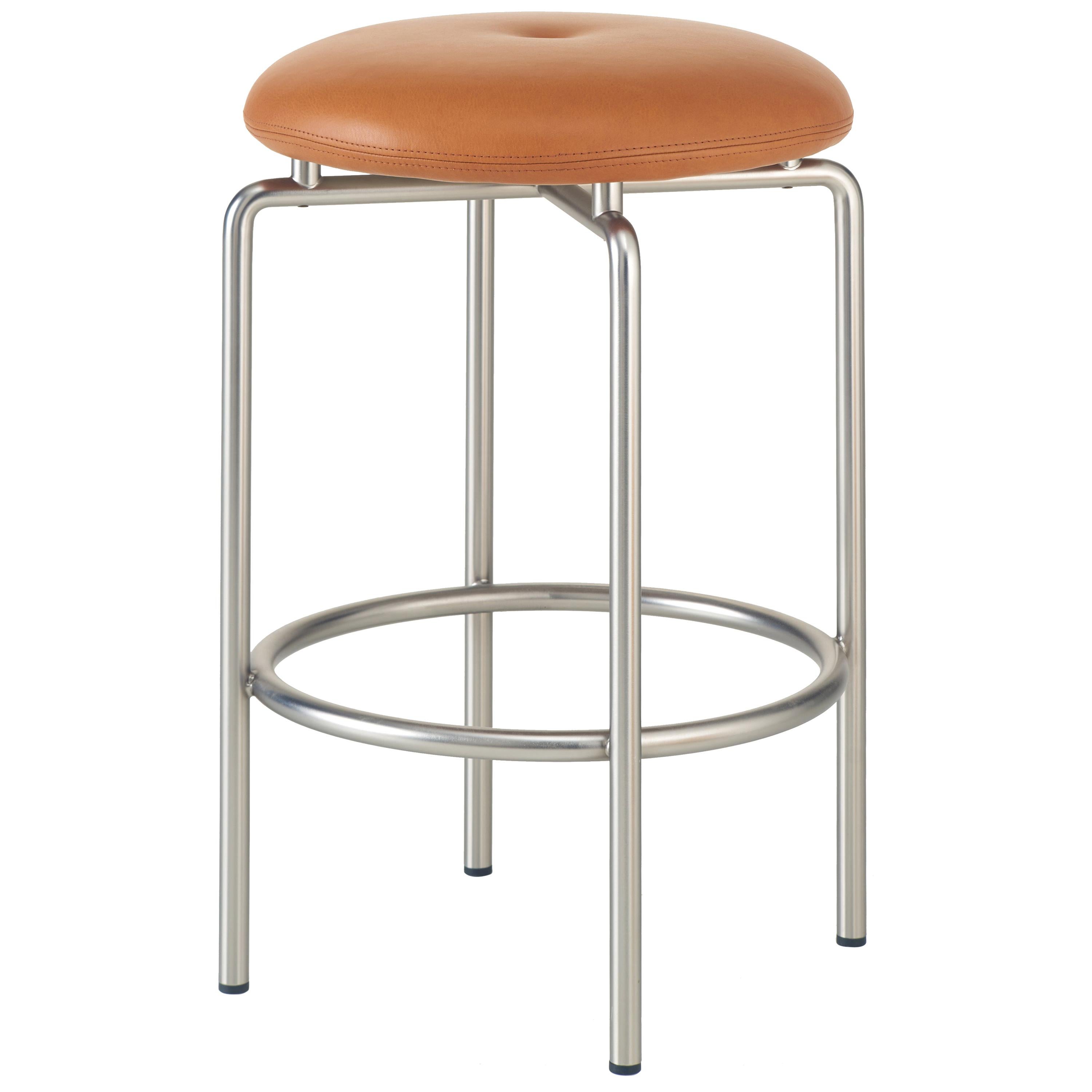 Tabouret de comptoir circulaire en nickel satiné et cuir conçu par Craig Bassam