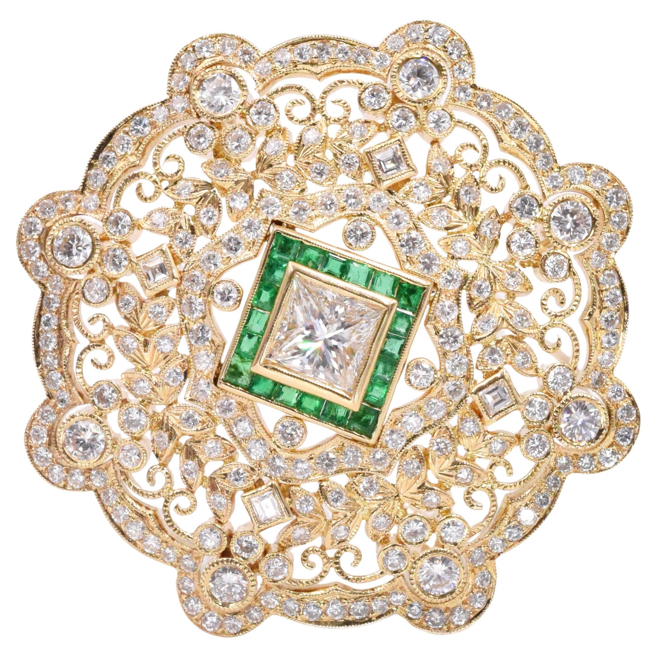 Circular Diamond & Emerald Brooch