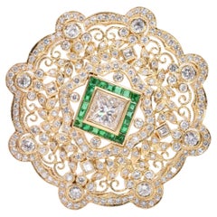 Circular Diamond & Emerald Brooch