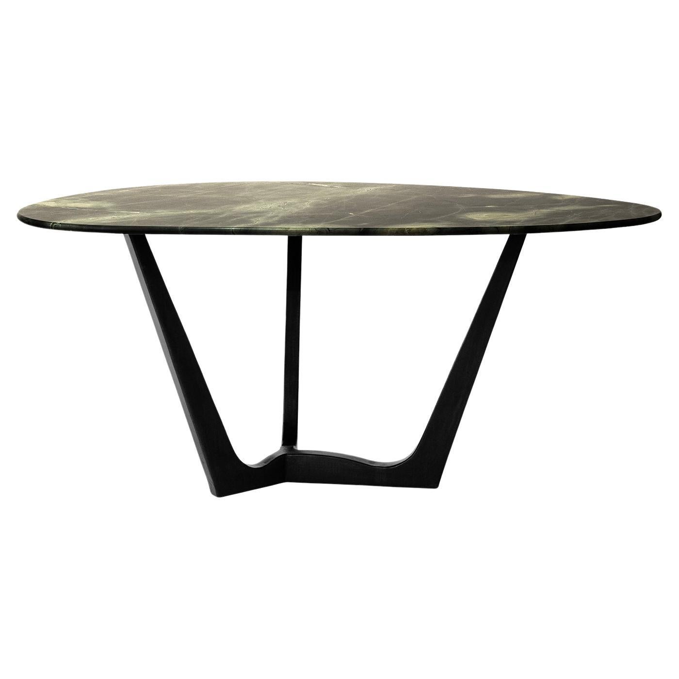 Table de salle à manger circulaire moderne en acier noirci Lily-Green-Marble faite à la main Large en vente