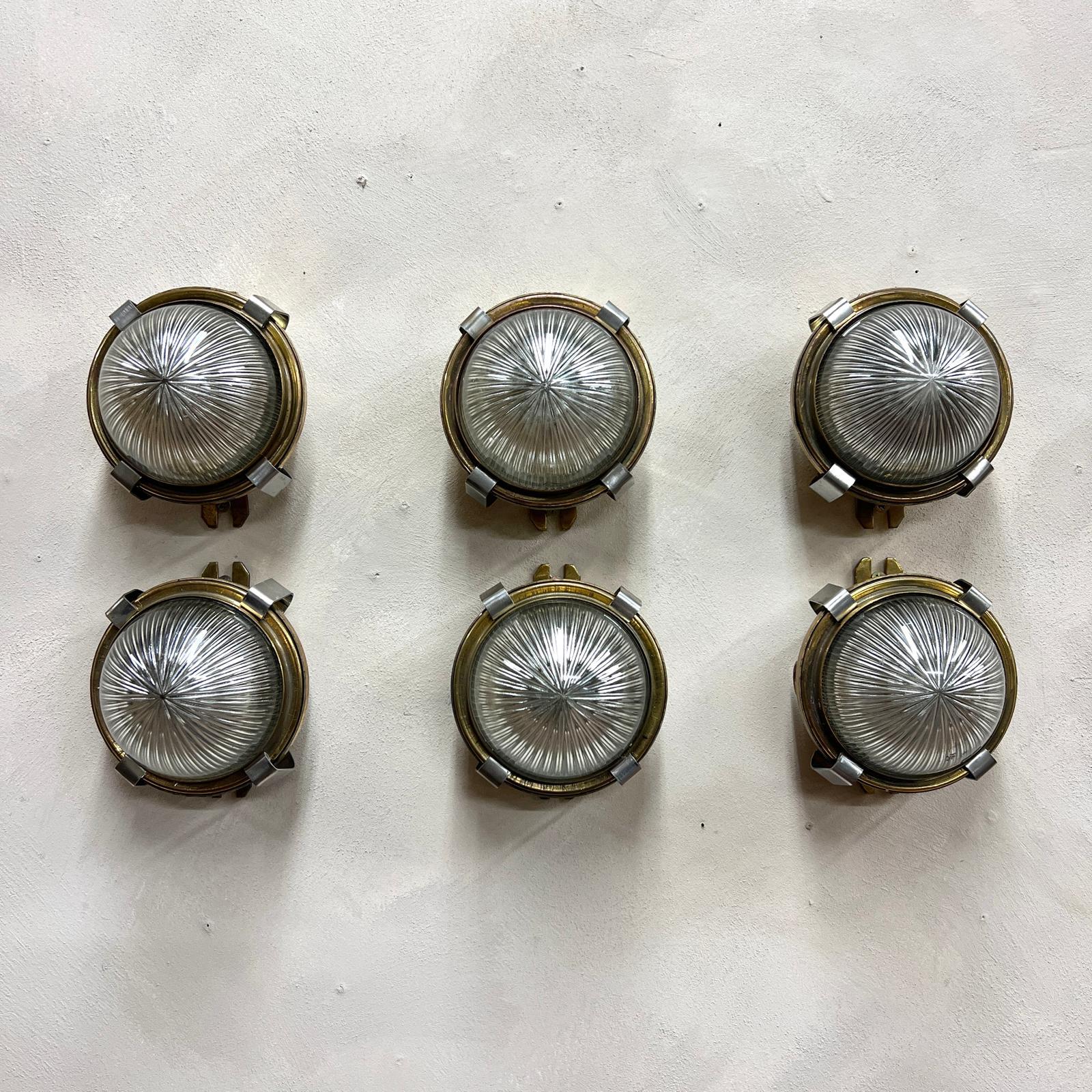 Belgian Circular Domed Holophane and Pressed Brass Wall lights