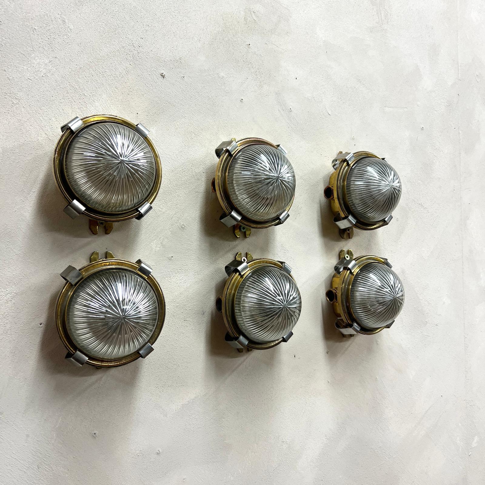 Circular Domed Holophane and Pressed Brass Wall lights In Good Condition In Southampton, GB