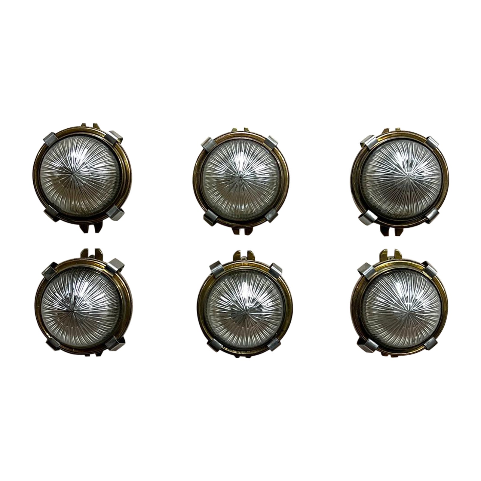 Circular Domed Holophane and Pressed Brass Wall lights