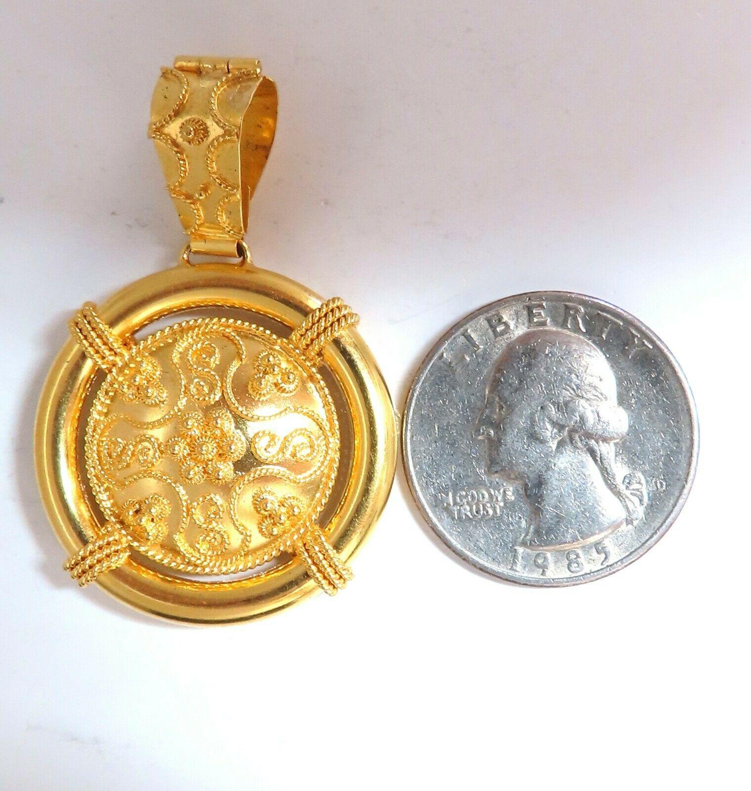 Women's or Men's Circular Domed Iconic Emblem Gold Pendant 18 Karat For Sale