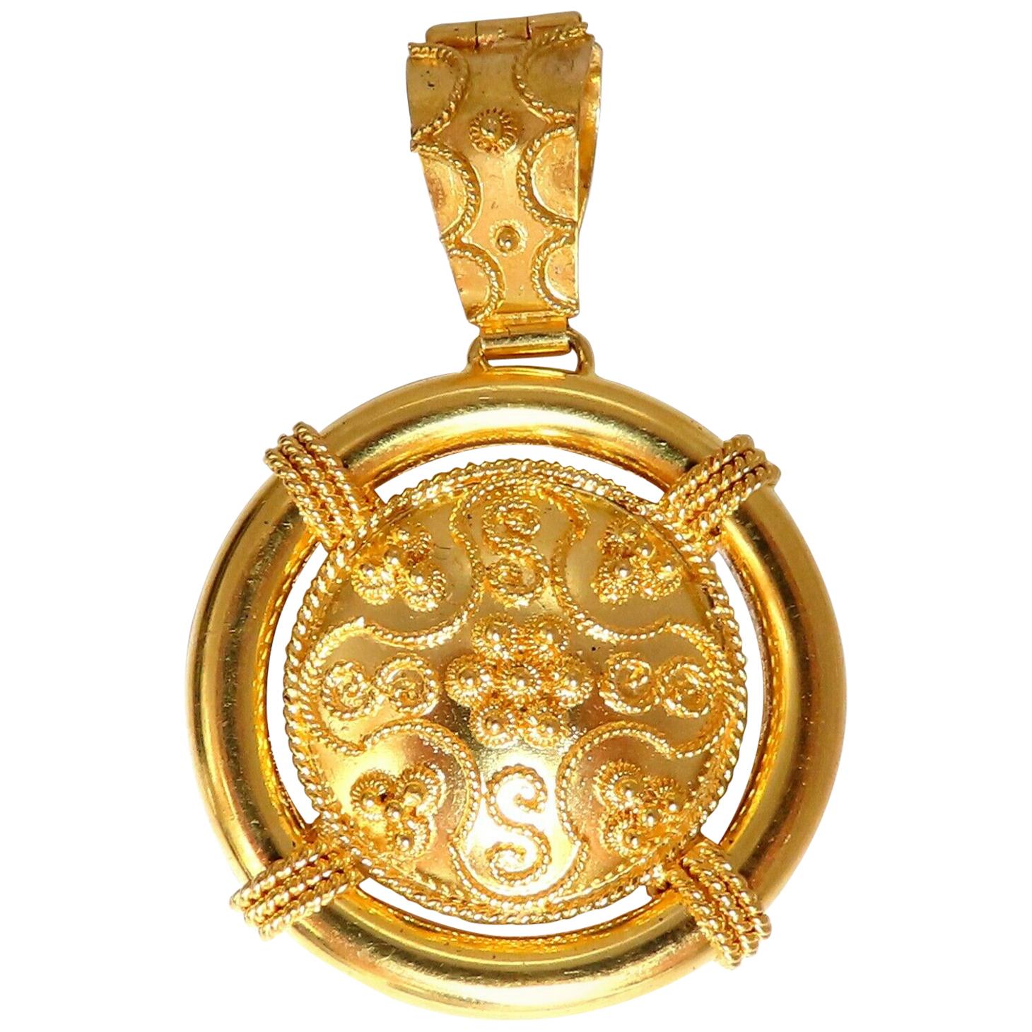 Circular Domed Iconic Emblem Gold Pendant 18 Karat For Sale