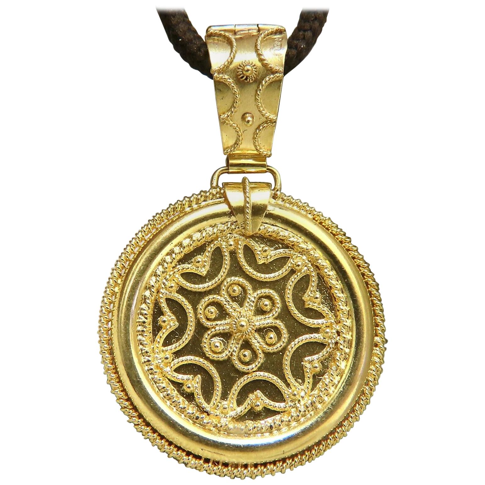 Circular Domed Iconic Emblem Gold Pendant 18 Karat Kabyle Tribal