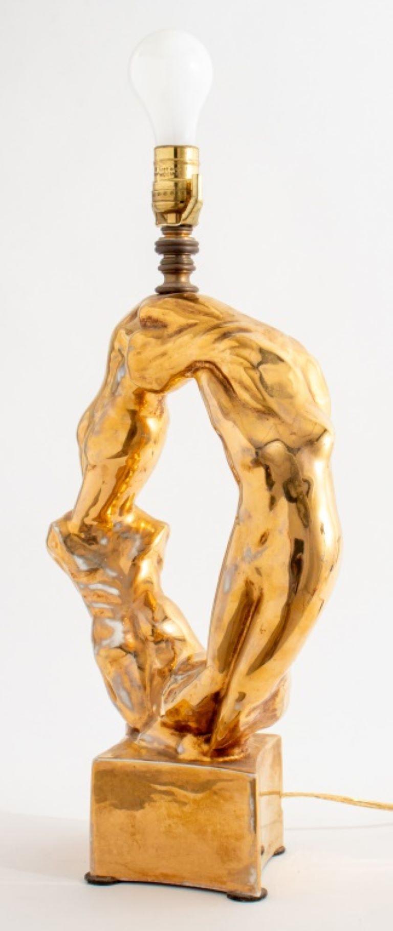 Runde vergoldete Keramik Figural Tischlampe im Angebot 1