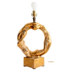 Vintage Circular Gilded Ceramic Figural Table Lamp