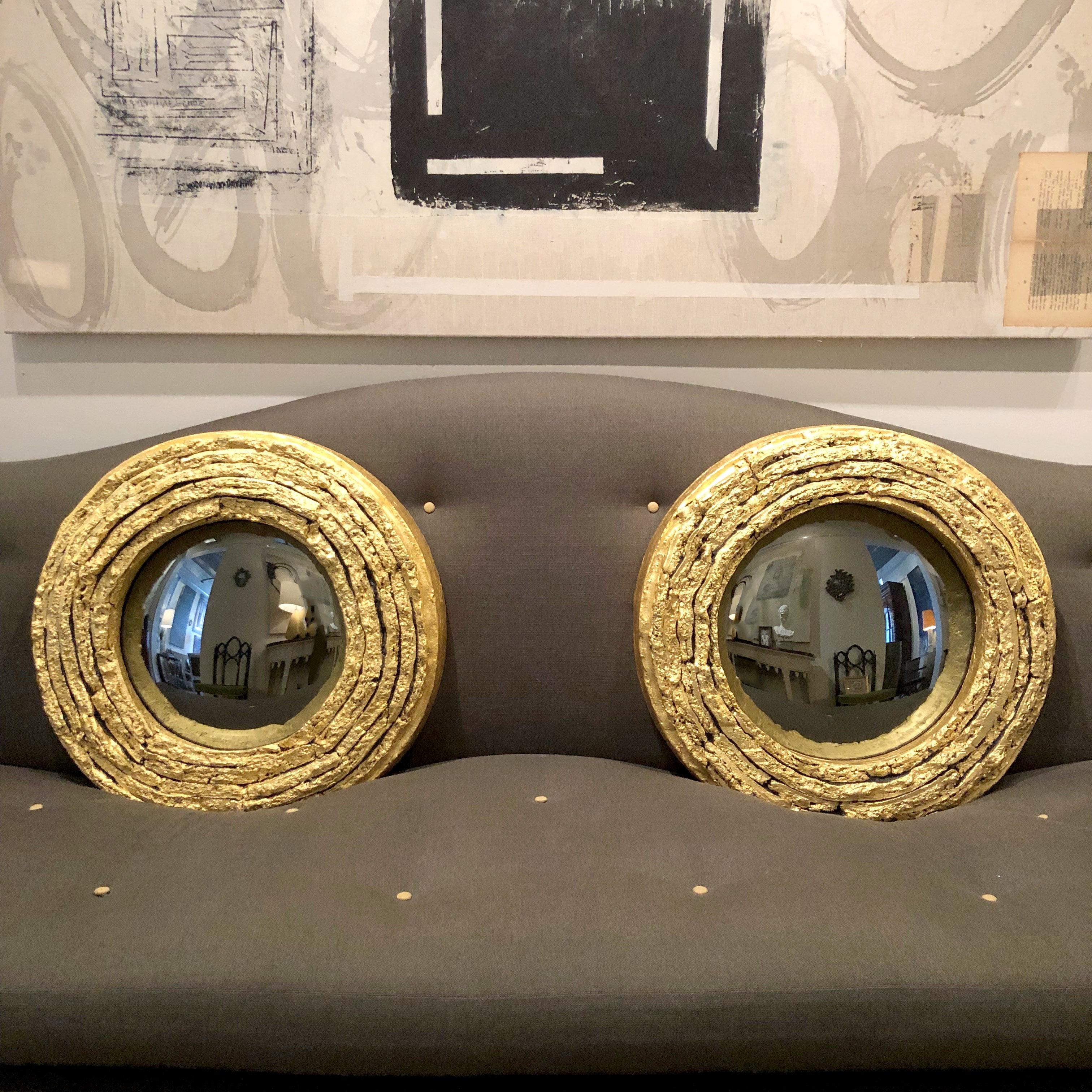 Gilt Circular Gilded Ceramic and Grey Glass Convex Mirrors For Sale