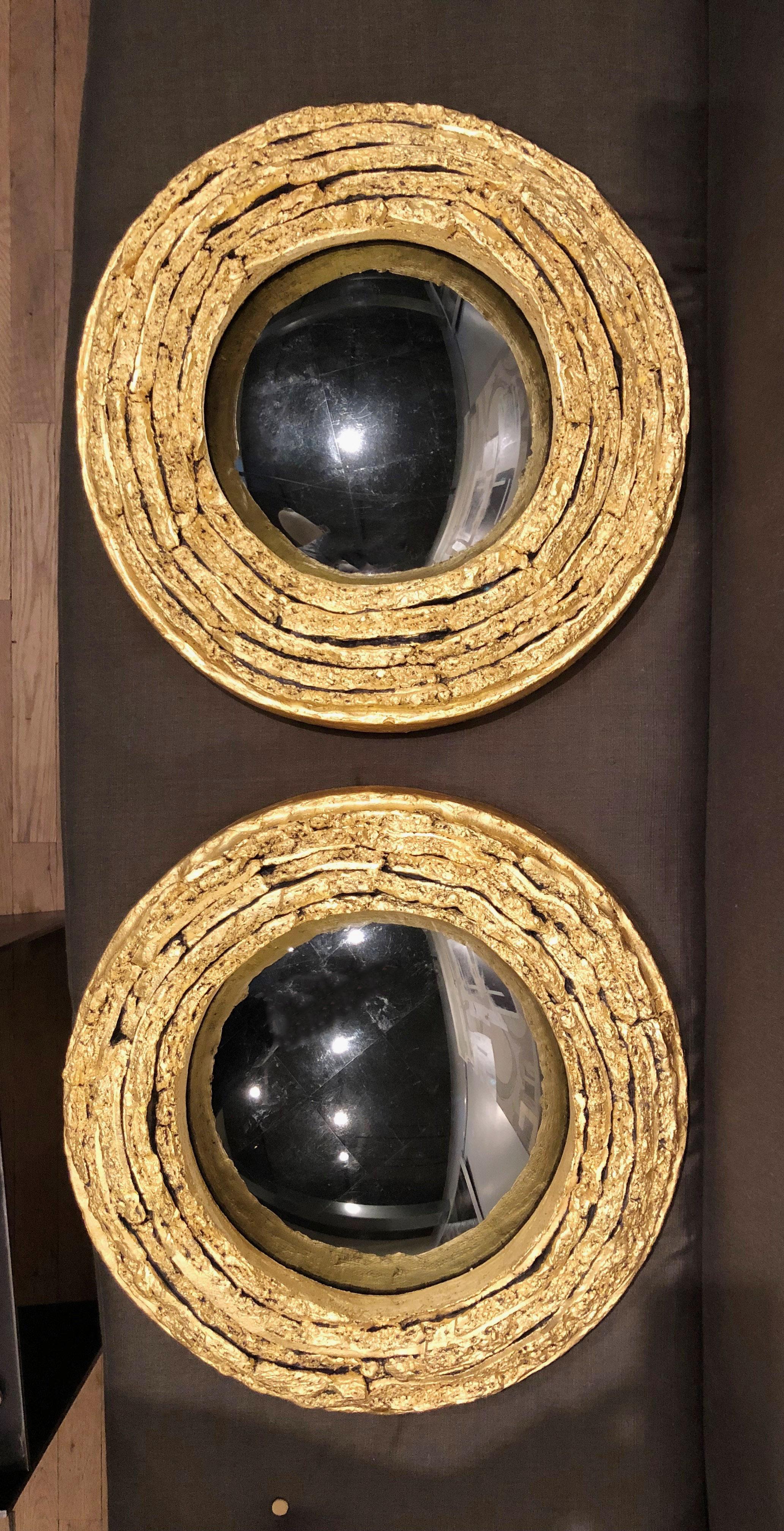 Circular Gilded Ceramic and Grey Glass Convex Mirrors In New Condition For Sale In New York, NY