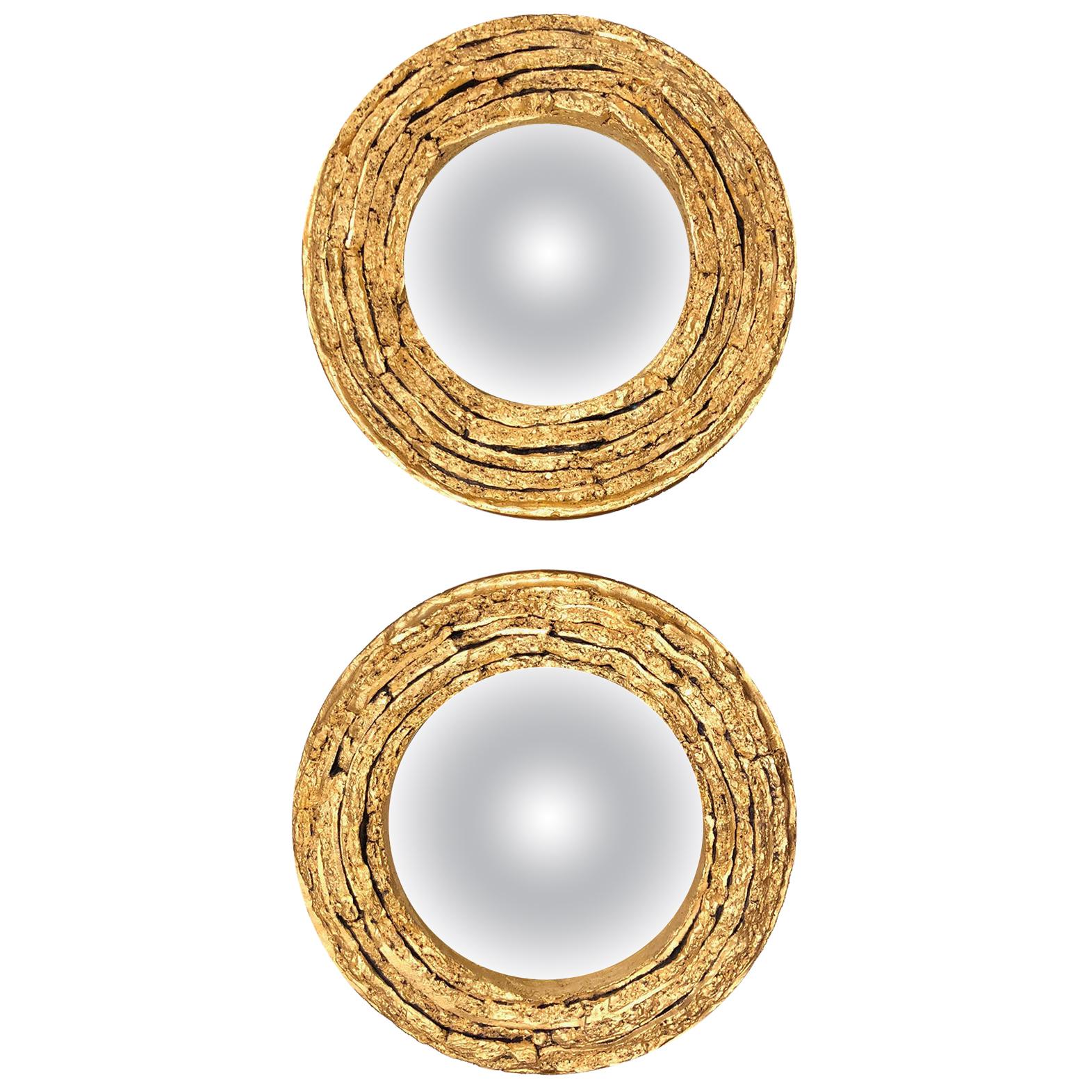 Circular Gilded Ceramic and Grey Glass Convex Mirrors For Sale