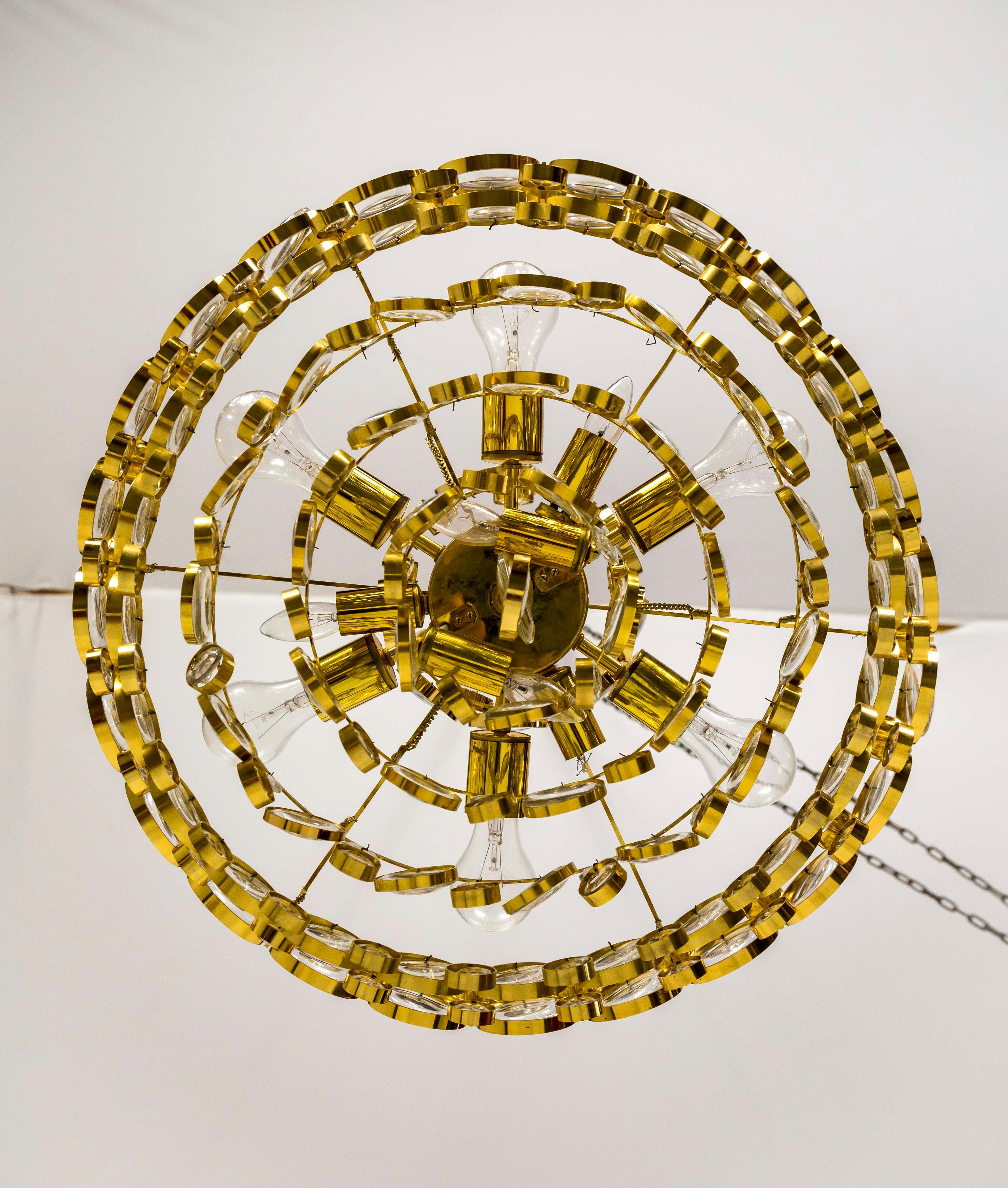 Circular Gilt Brass and Optical Lens Crystal Multi Tier Chandelier by Palwa 4