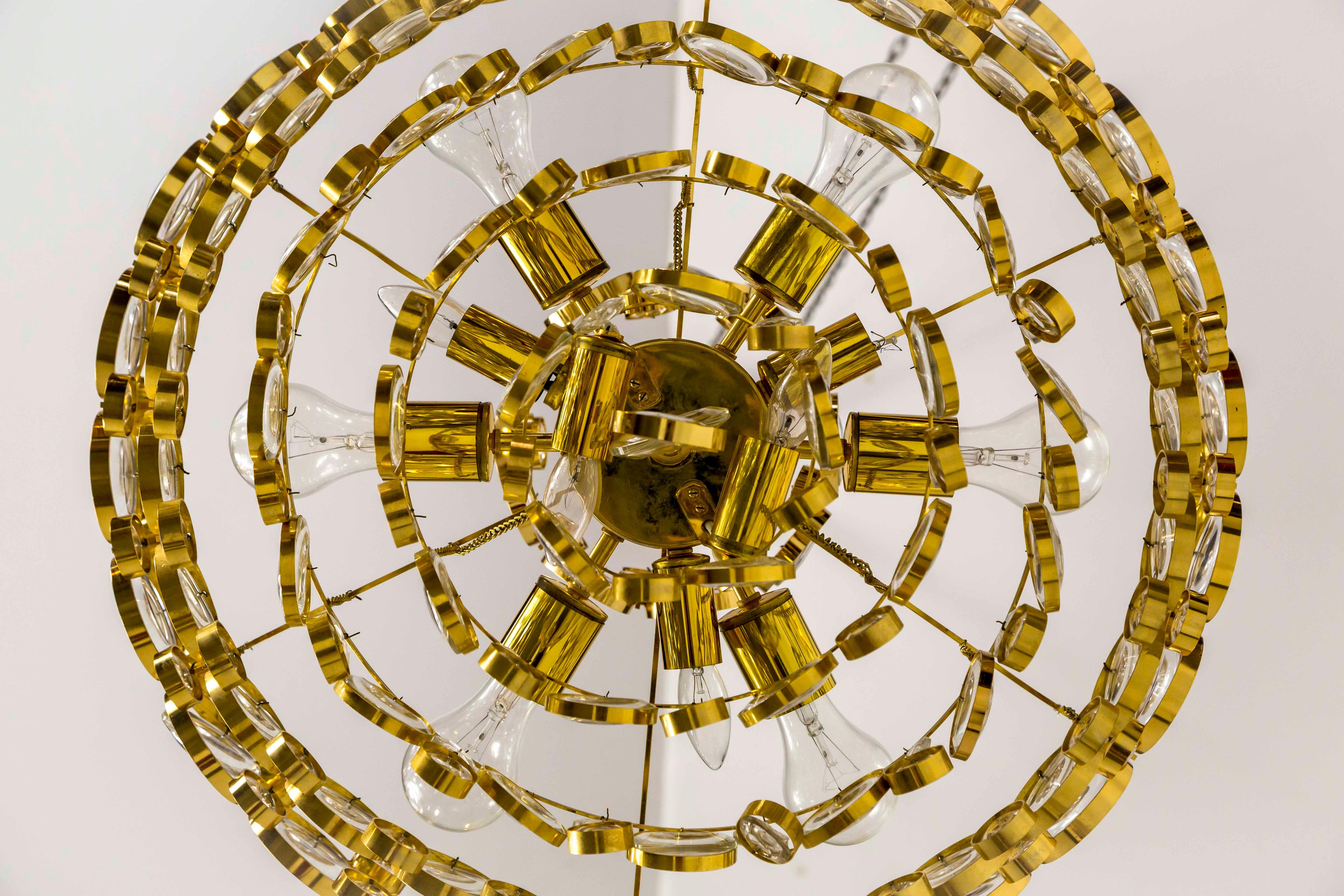 Circular Gilt Brass and Optical Lens Crystal Multi Tier Chandelier by Palwa 5