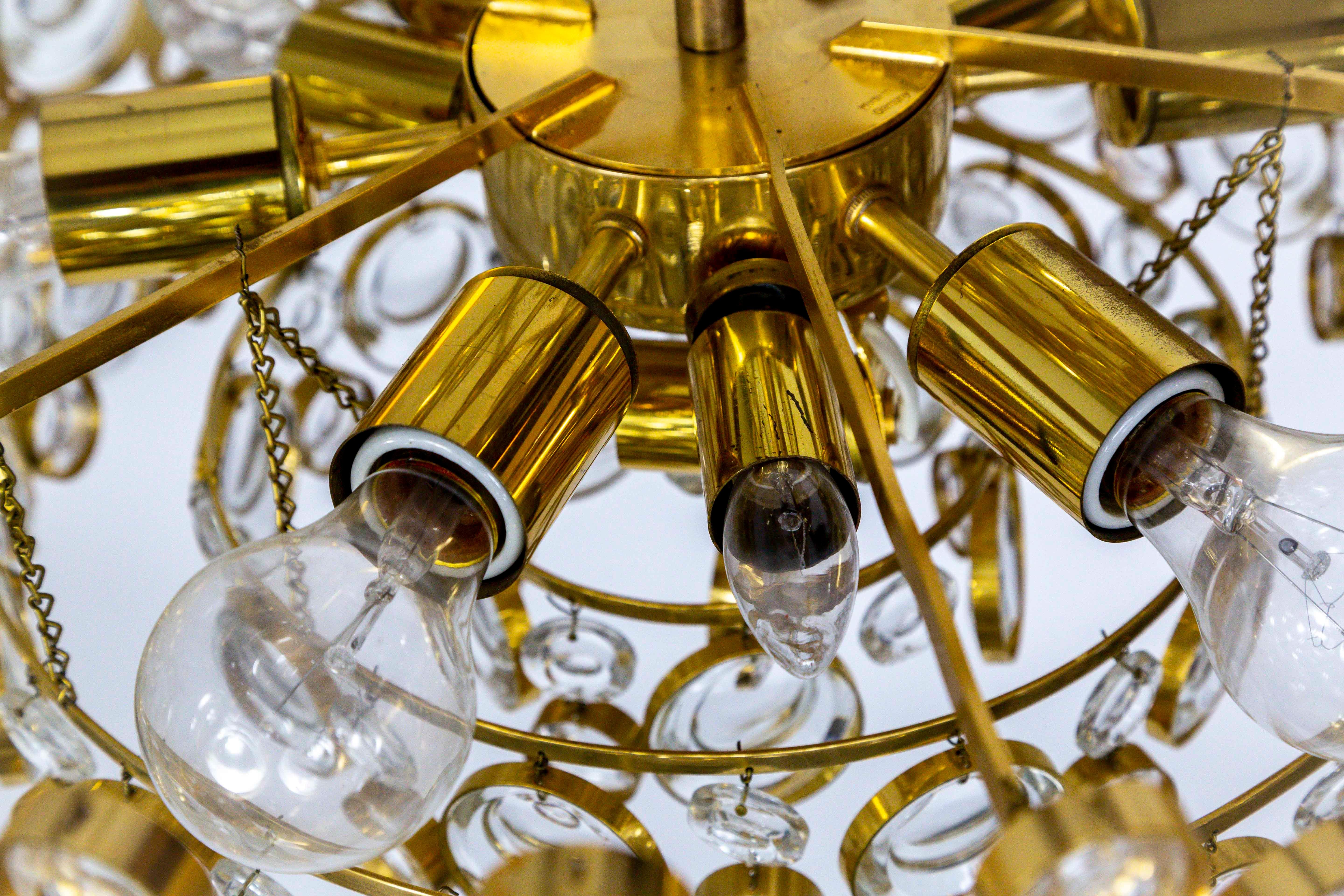 Circular Gilt Brass and Optical Lens Crystal Multi Tier Chandelier by Palwa 6