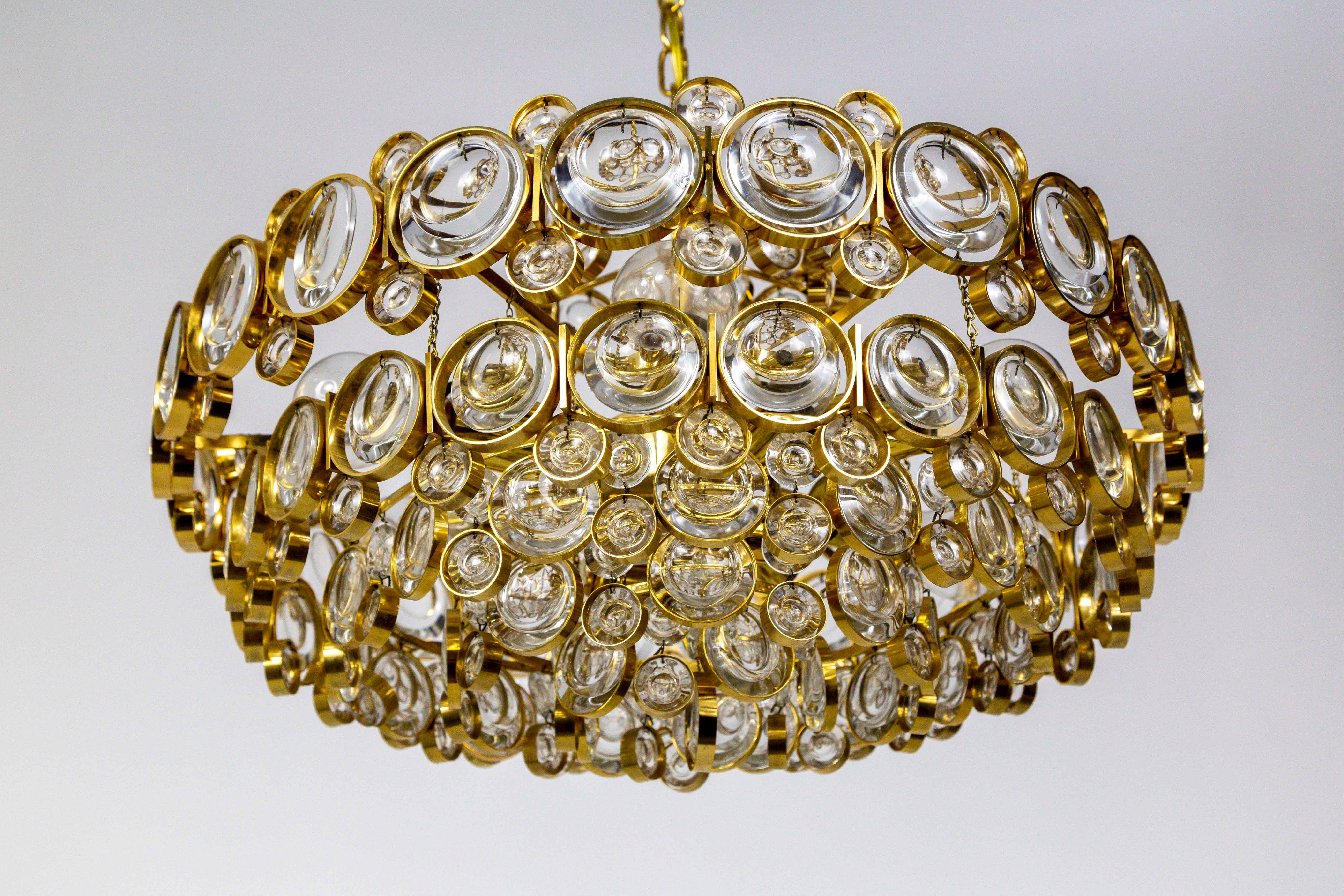 Mid-Century Modern Circular Gilt Brass and Optical Lens Crystal Multi Tier Chandelier by Palwa