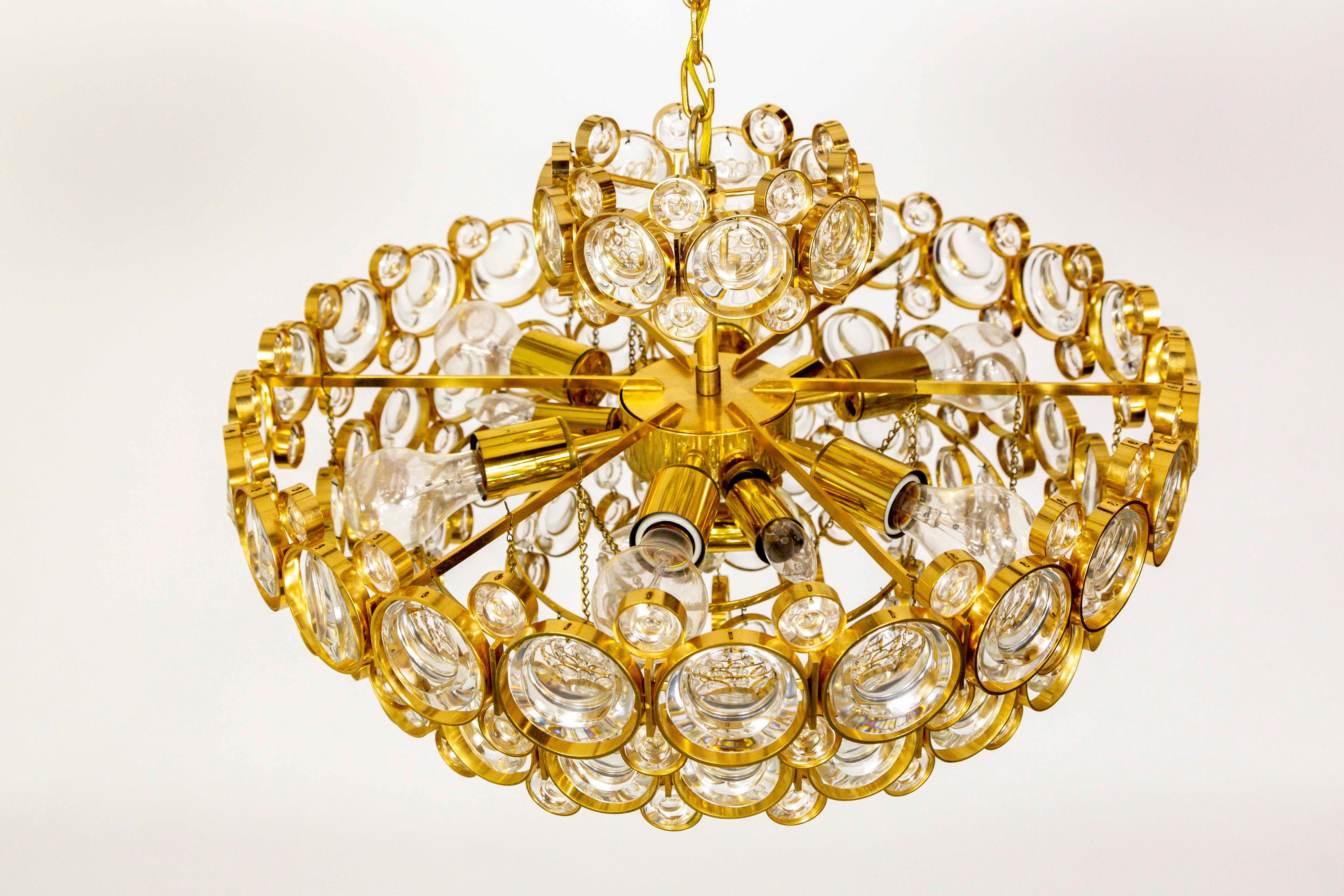 German Circular Gilt Brass and Optical Lens Crystal Multi Tier Chandelier by Palwa