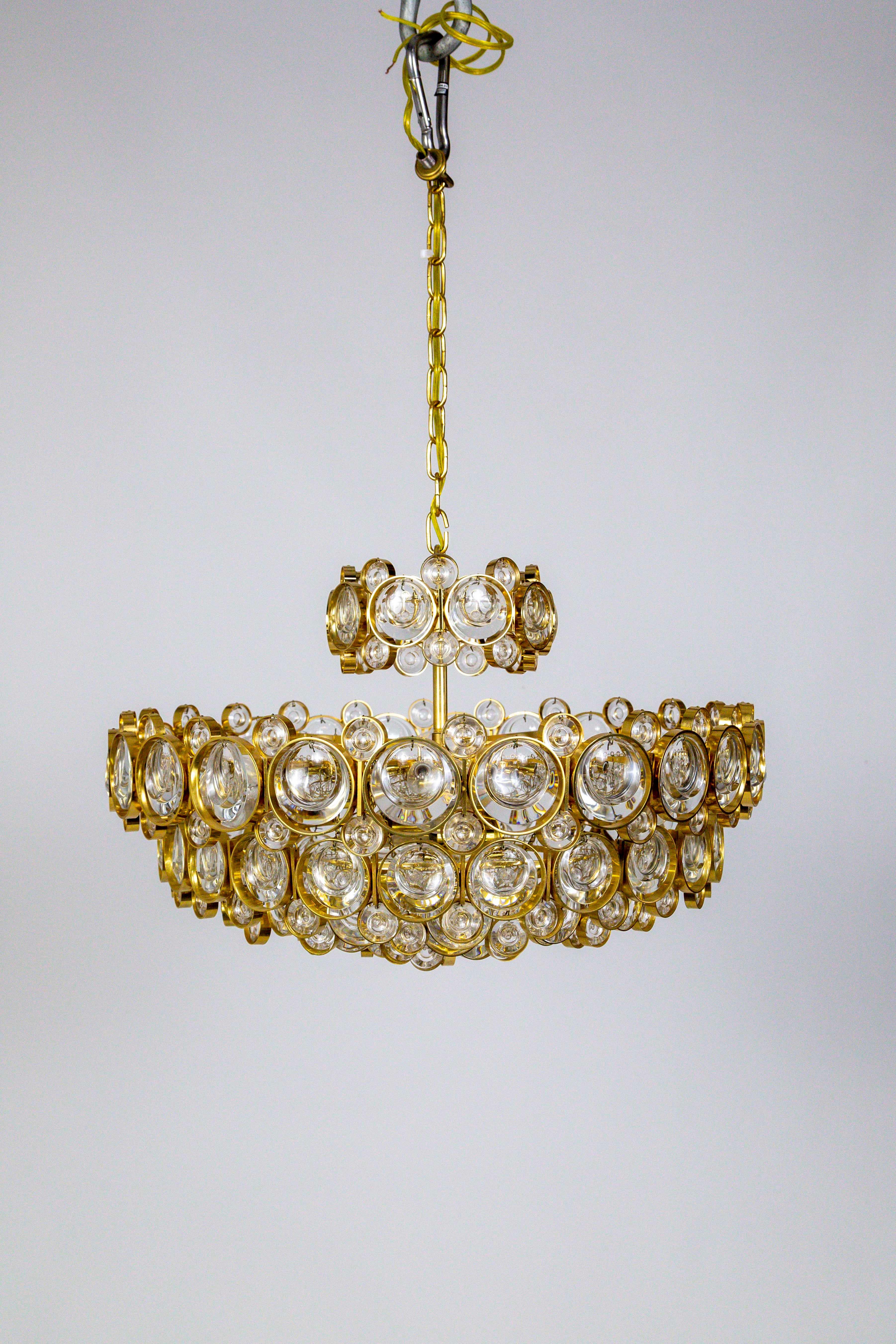 Circular Gilt Brass and Optical Lens Crystal Multi Tier Chandelier by Palwa In Good Condition In San Francisco, CA