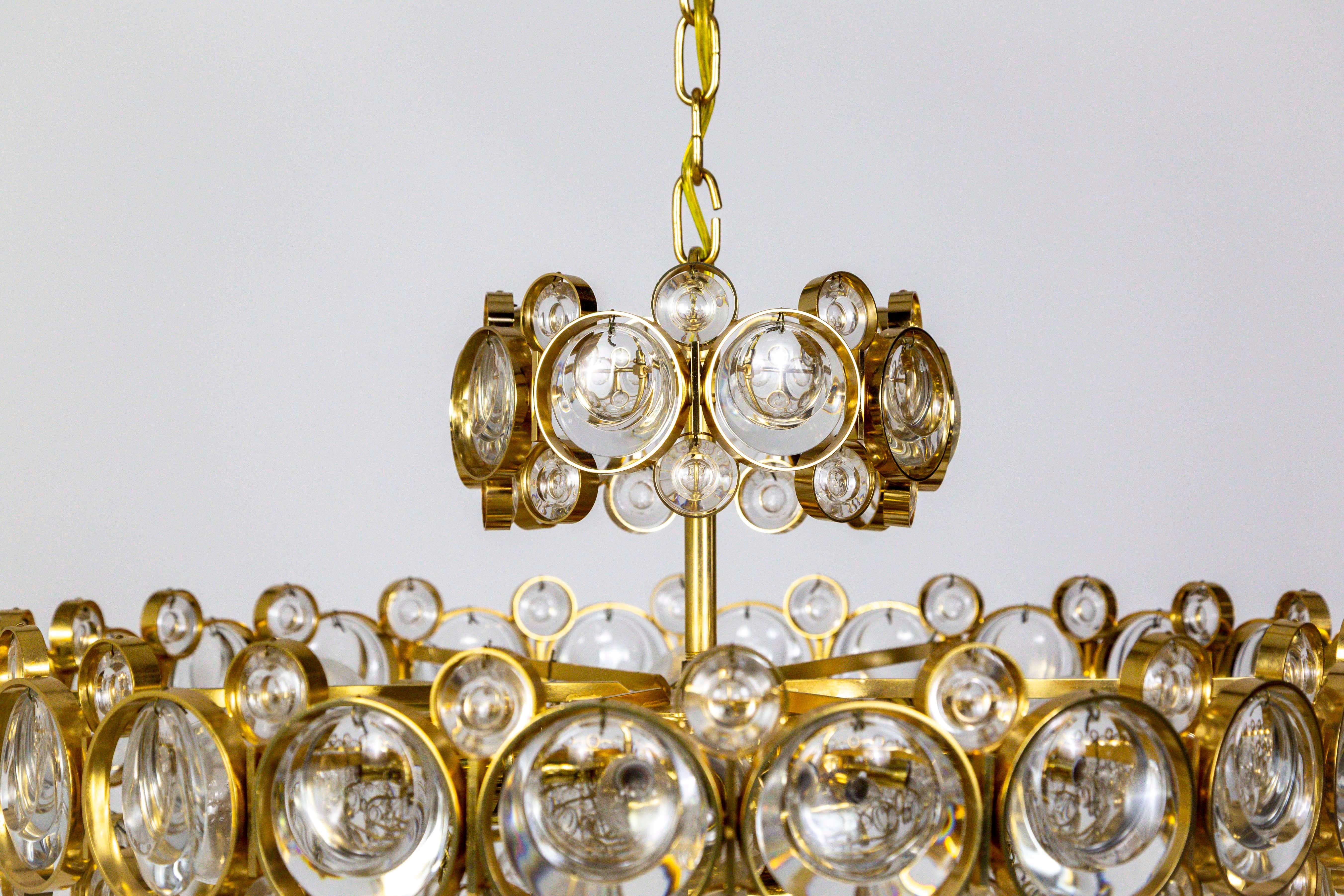20th Century Circular Gilt Brass and Optical Lens Crystal Multi Tier Chandelier by Palwa