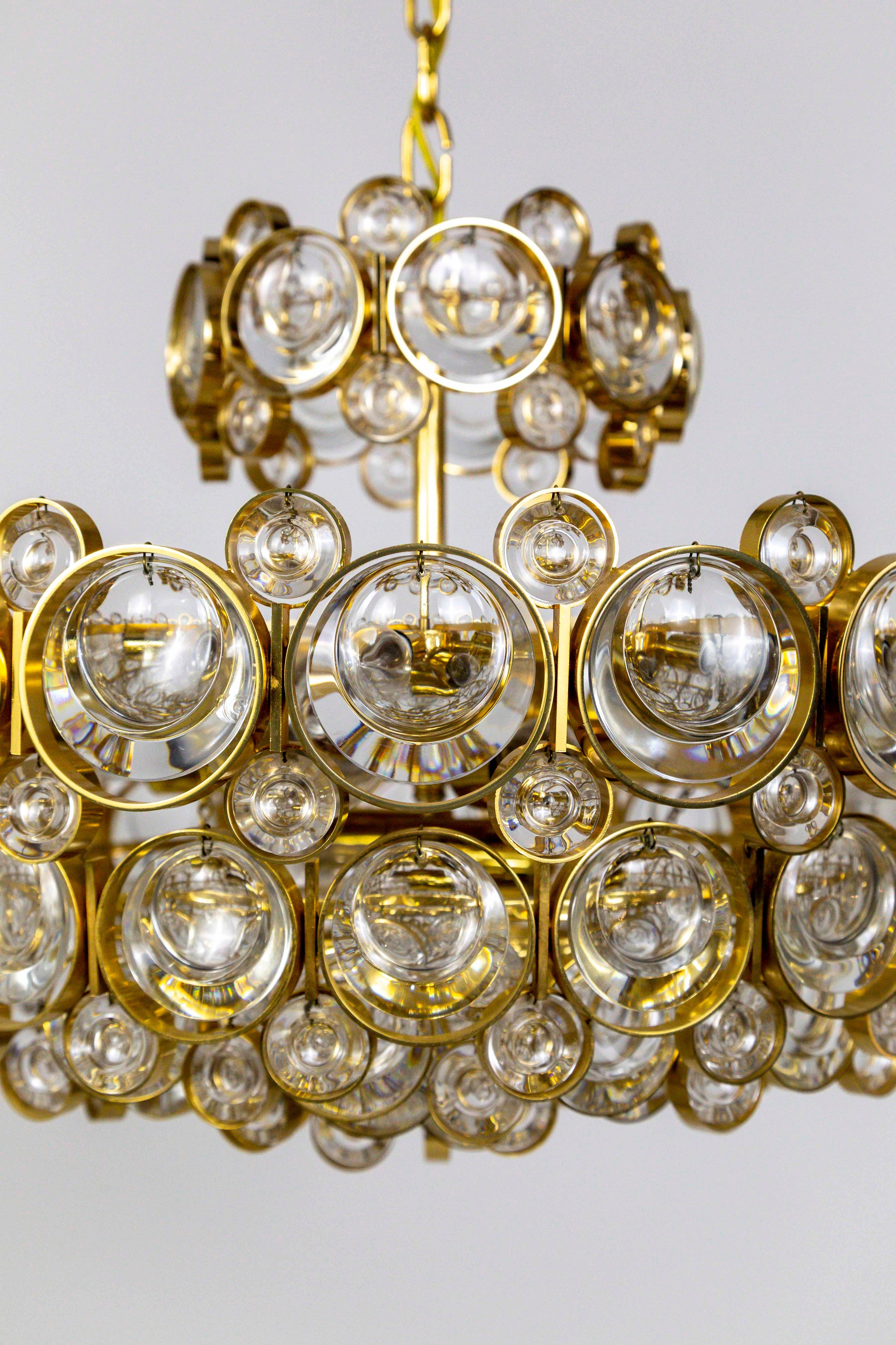 Circular Gilt Brass and Optical Lens Crystal Multi Tier Chandelier by Palwa 1