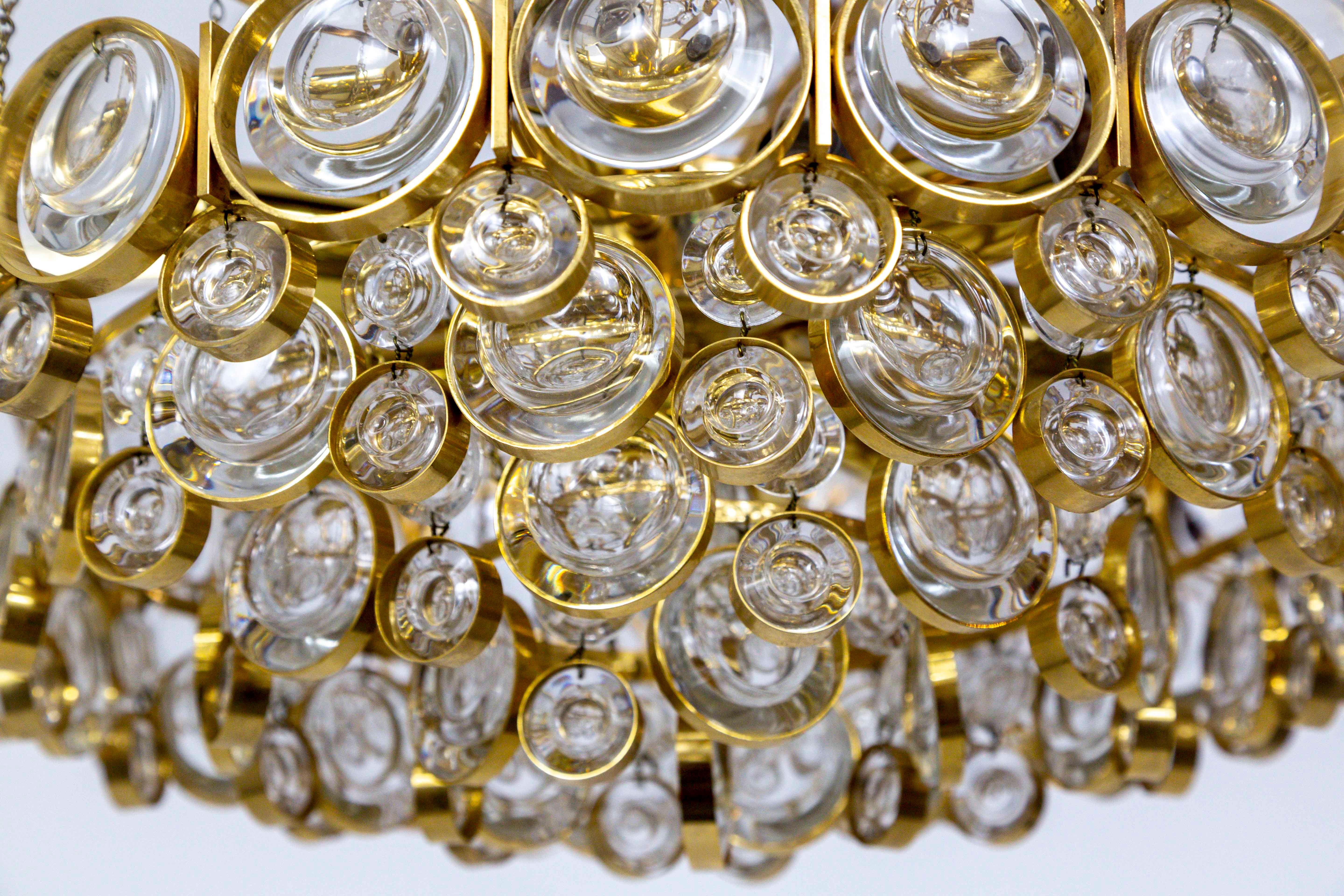 Circular Gilt Brass and Optical Lens Crystal Multi Tier Chandelier by Palwa 2