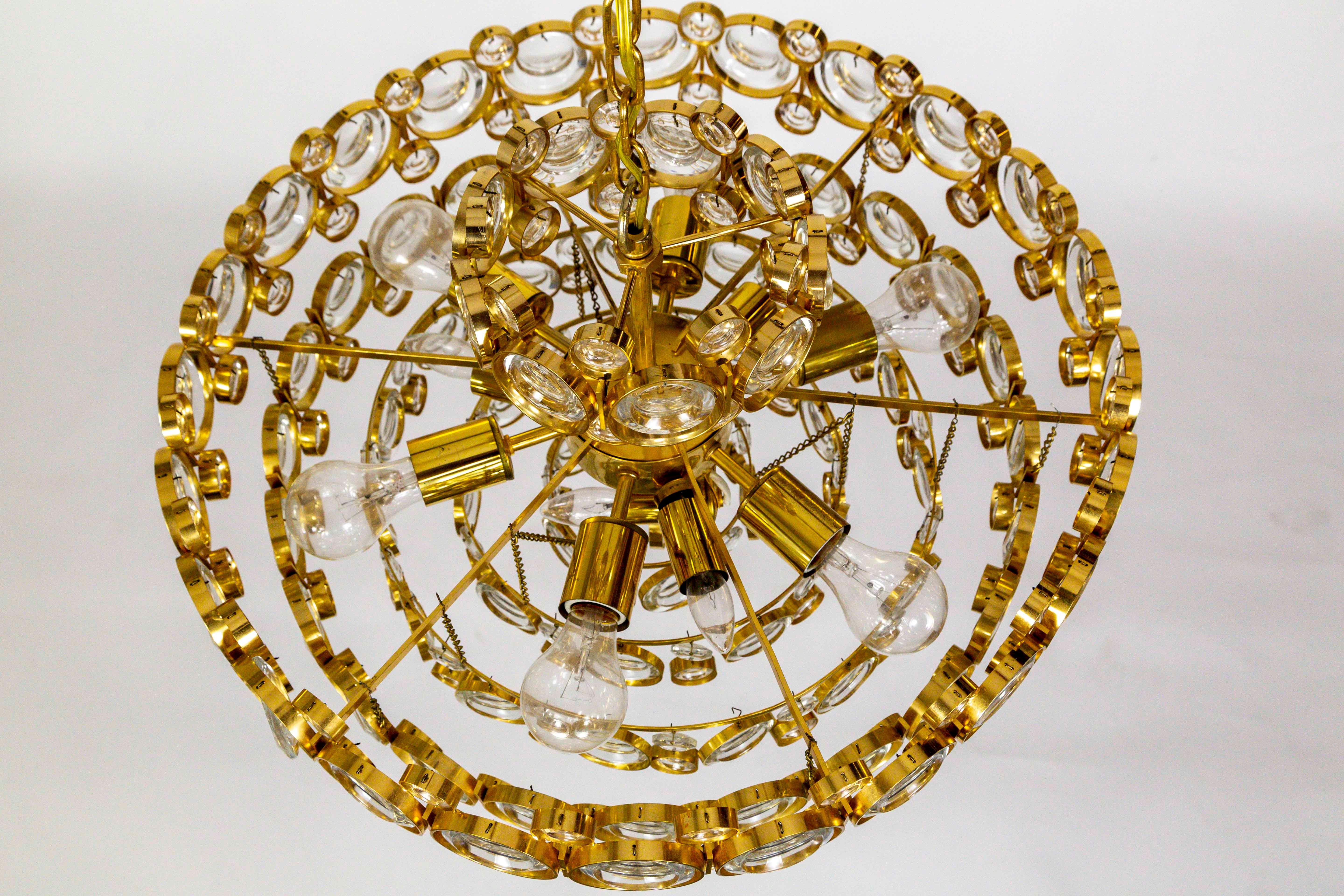 Circular Gilt Brass and Optical Lens Crystal Multi Tier Chandelier by Palwa 3