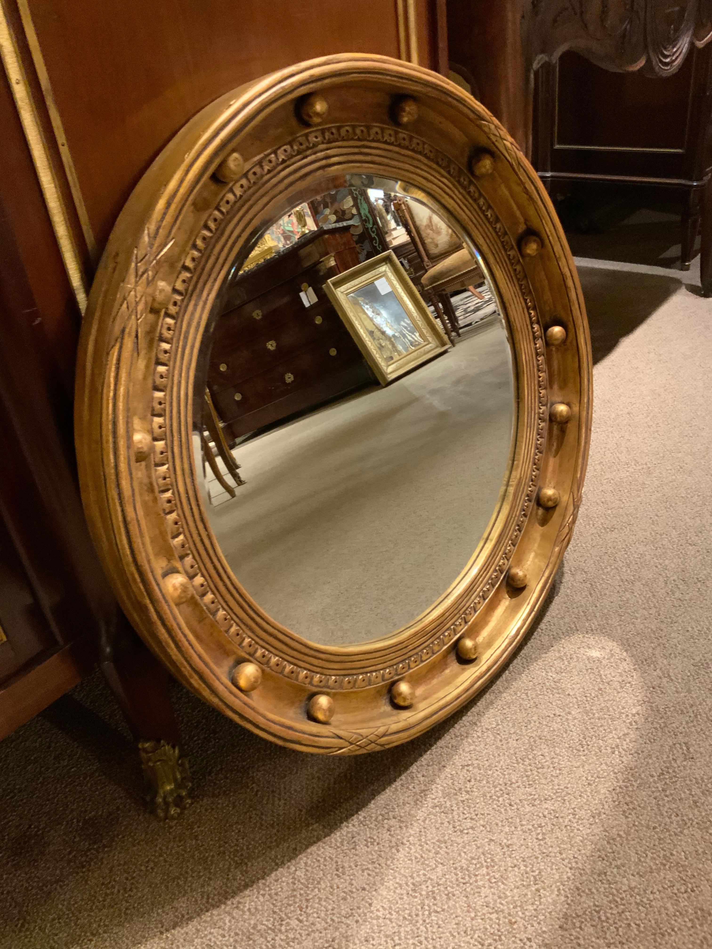 French Circular Giltwood Mirror with Beveled Plate, Mid-Century