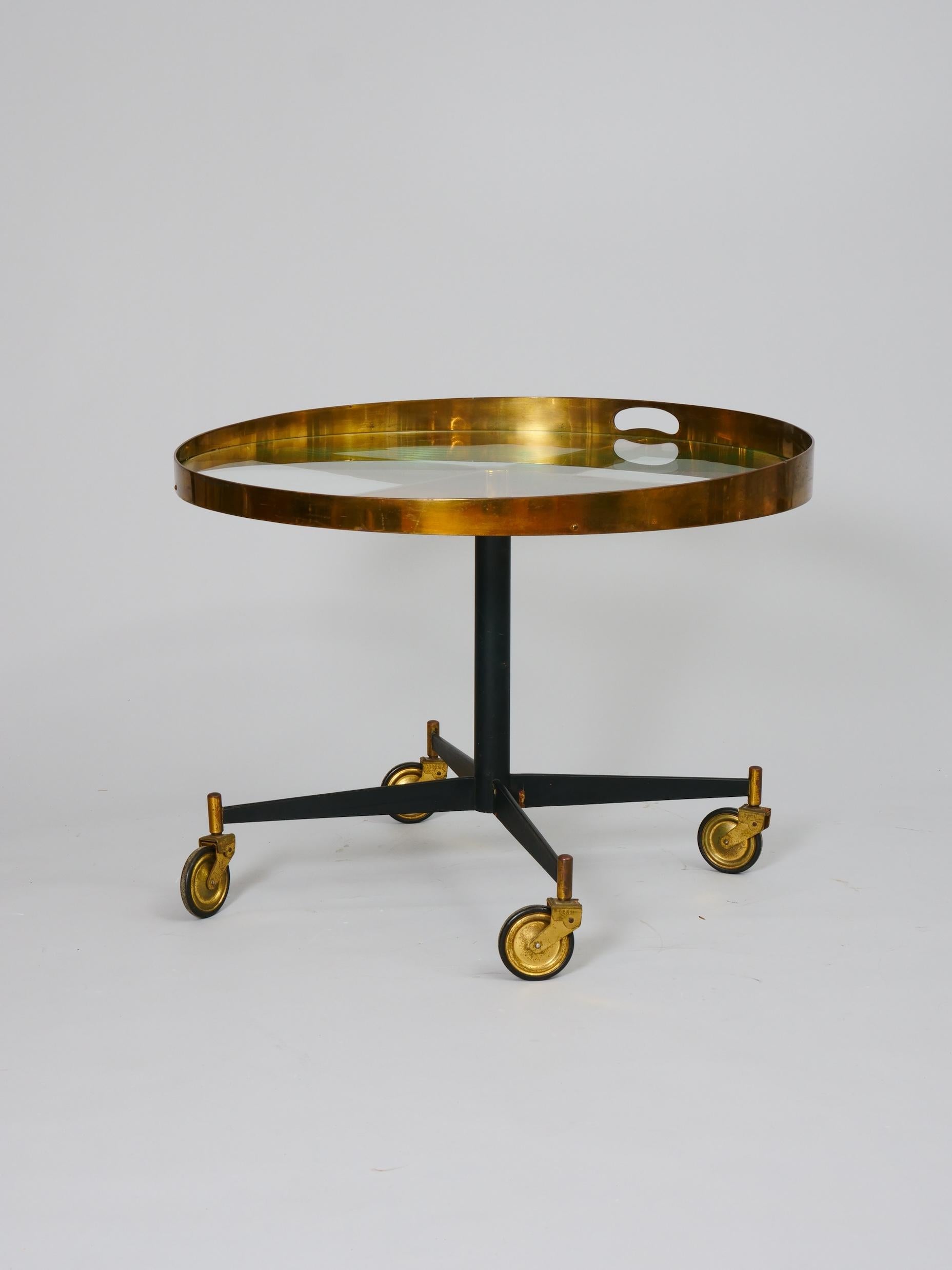Italian Circular Gio Ponti style brass and glass table. Italy c1950 For Sale