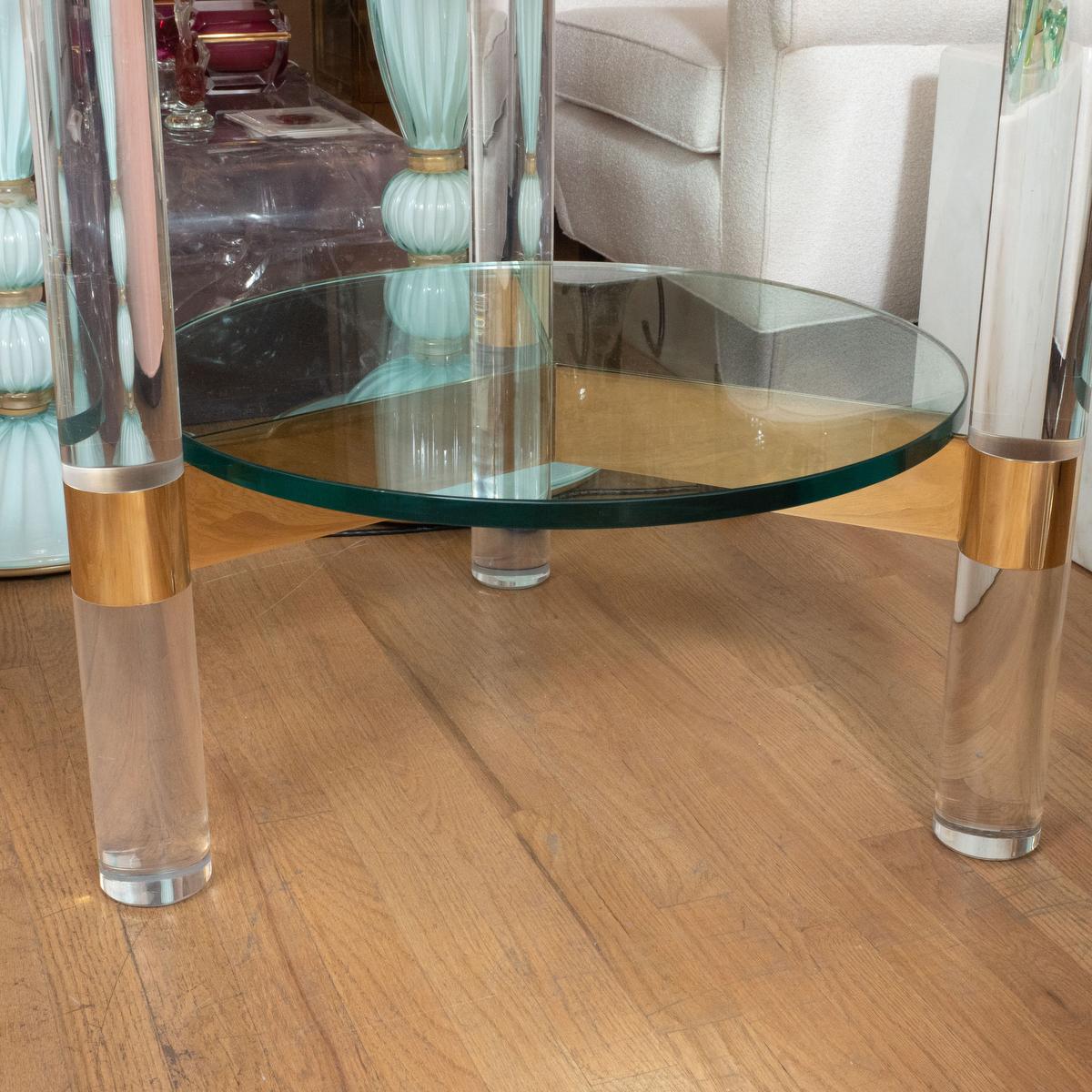 American Circular glass and Lucite two tier side table For Sale