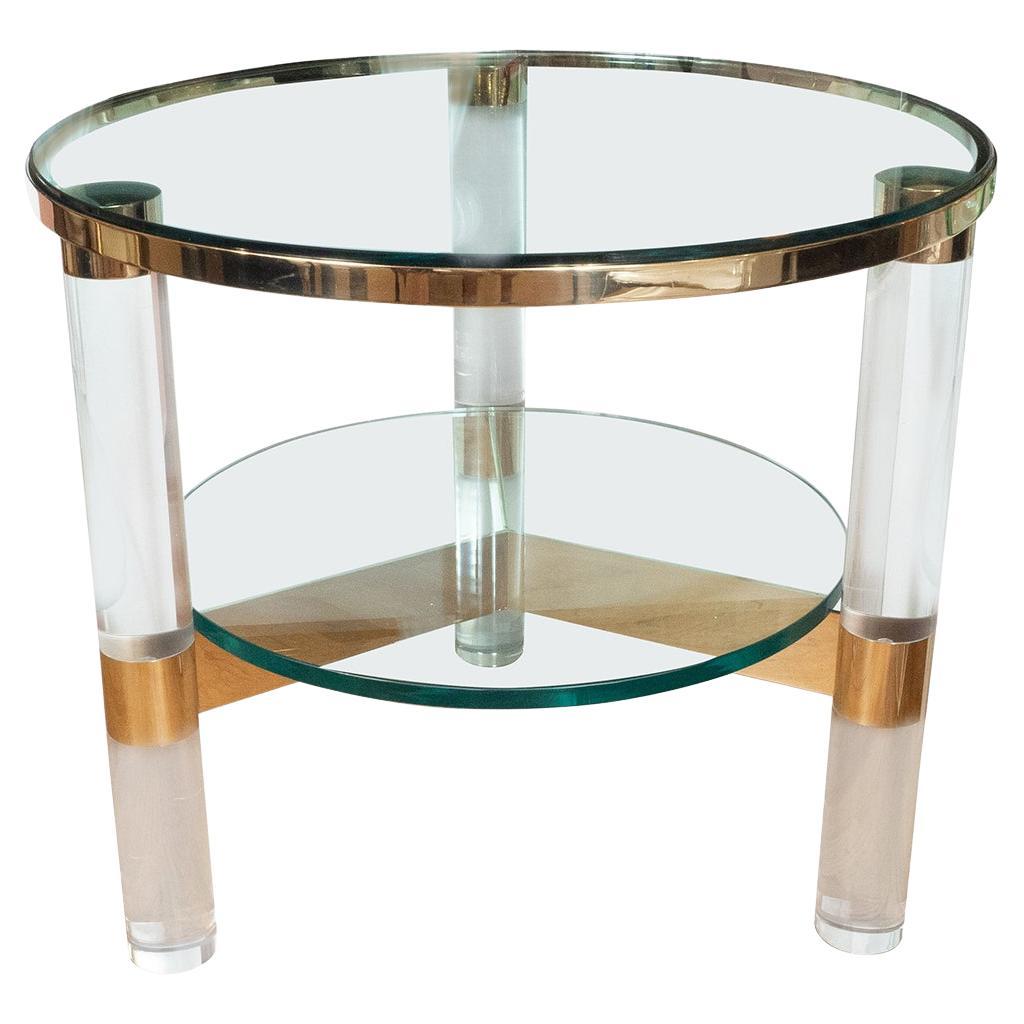 Circular glass and Lucite two tier side table For Sale