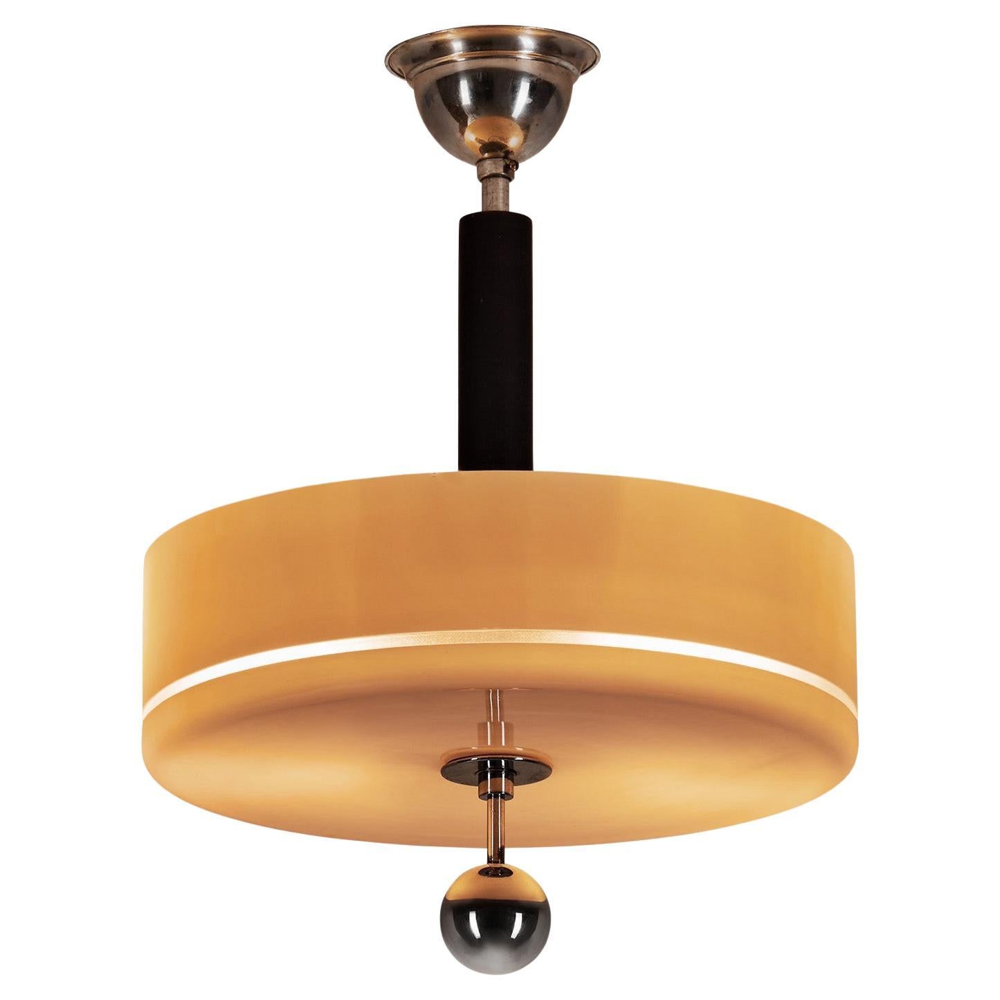 Plafón Circular de Cristal con Metal Cromado y Madera Ebonizada, Europa Años 30 en venta